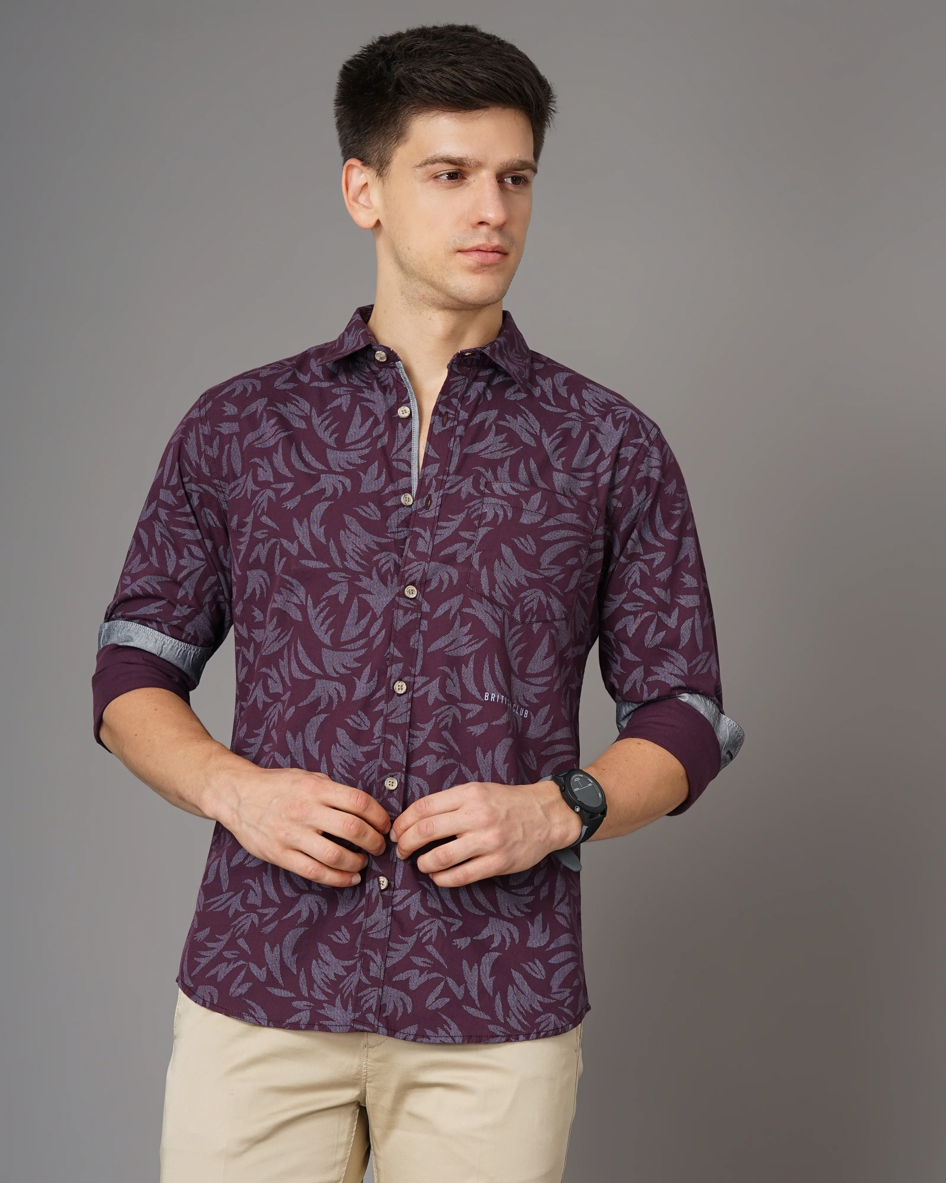 Men Burgundy Cotton Slim Shirt - Image 3