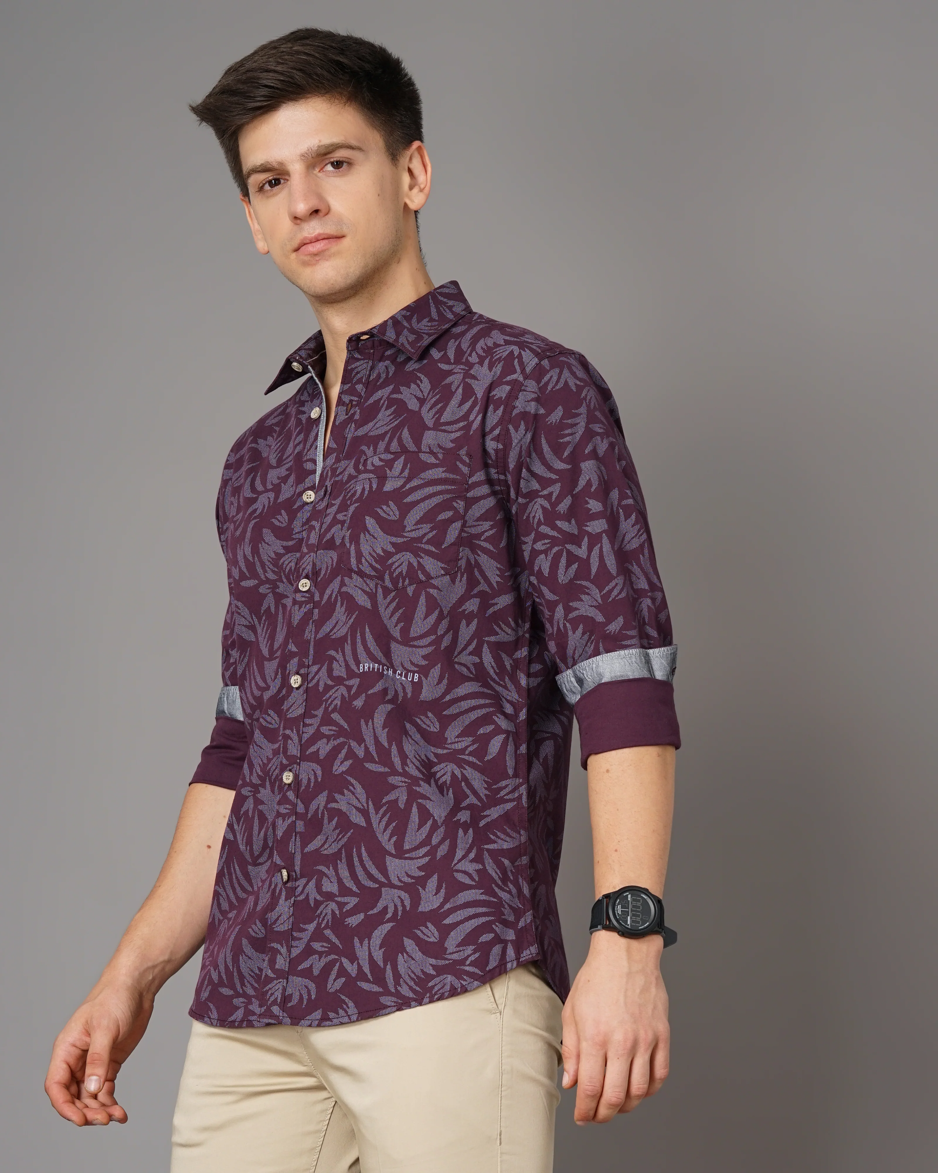 Men Burgundy Cotton Slim Shirt - Image 4
