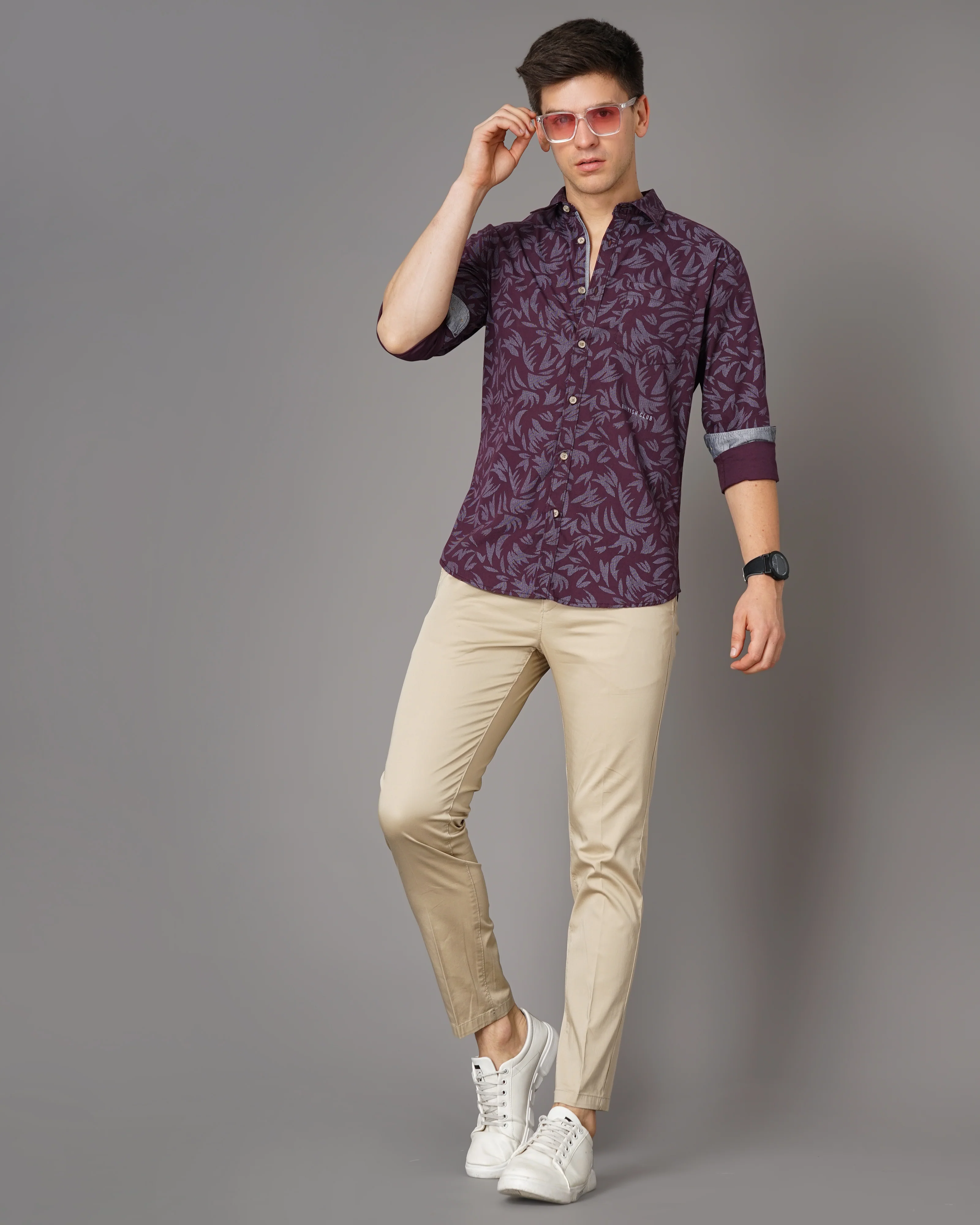 Men Burgundy Cotton Slim Shirt - Image 6