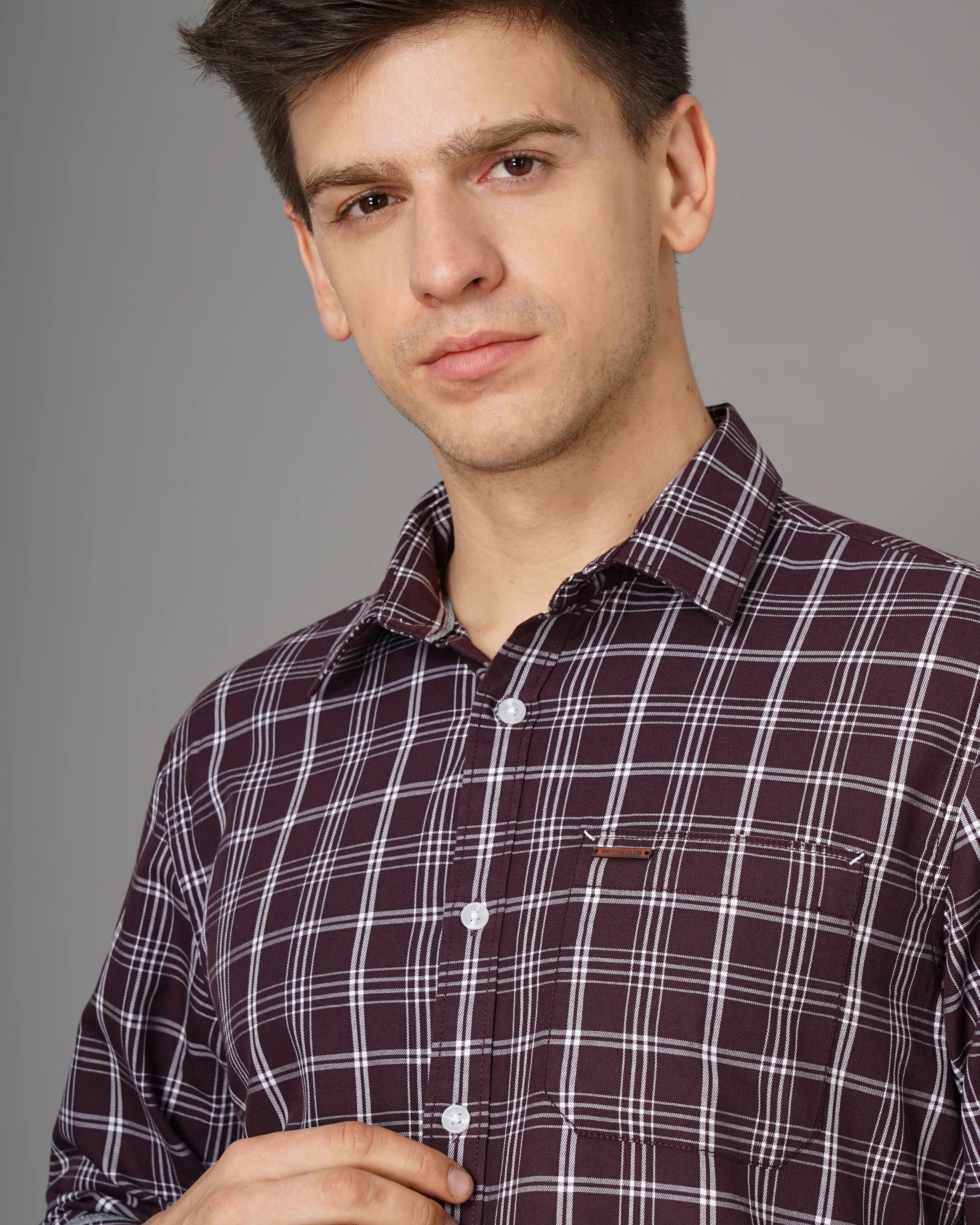 Men Burgundy Cotton Slim Shirt - Image 3