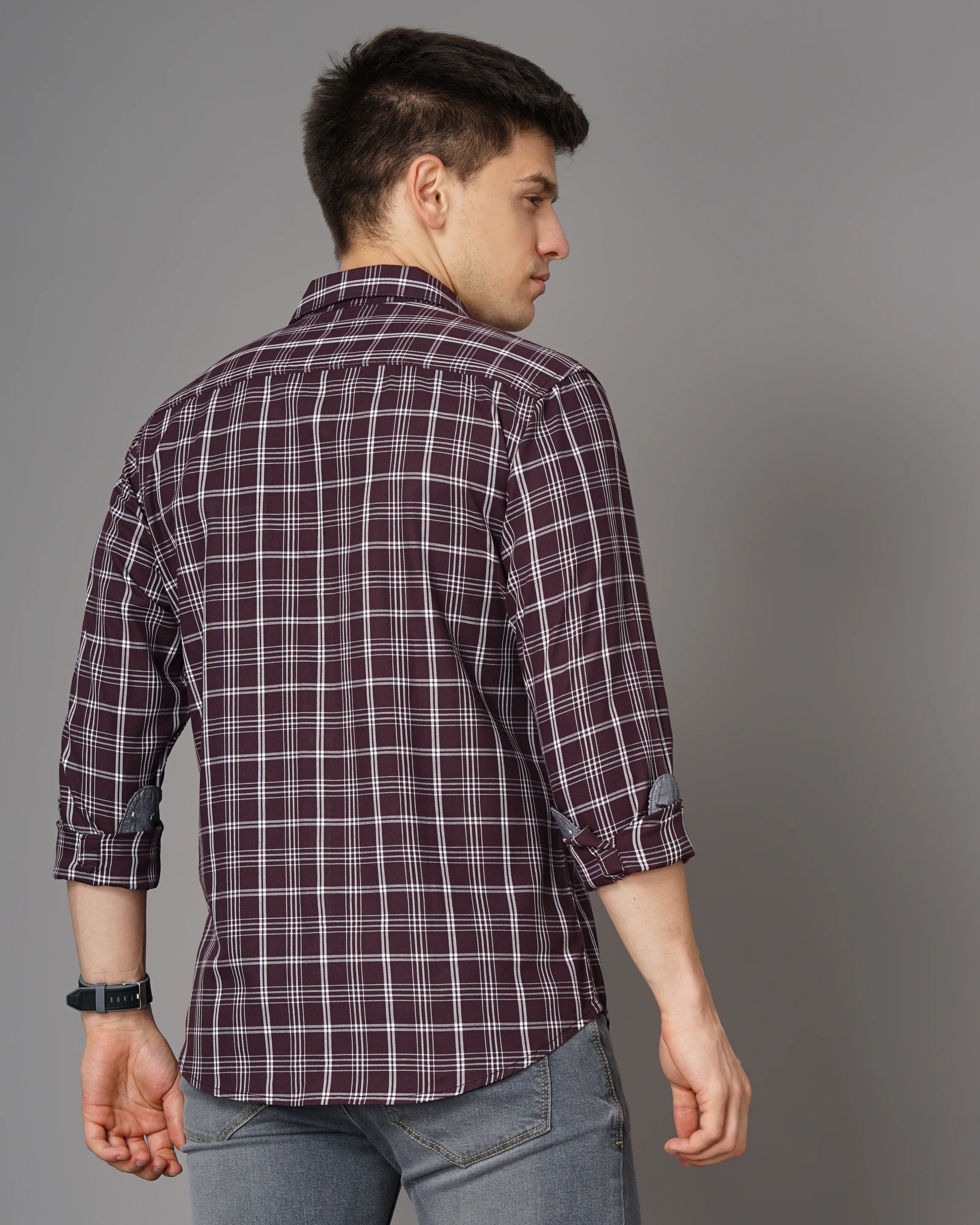 Men Burgundy Cotton Slim Shirt - Image 4