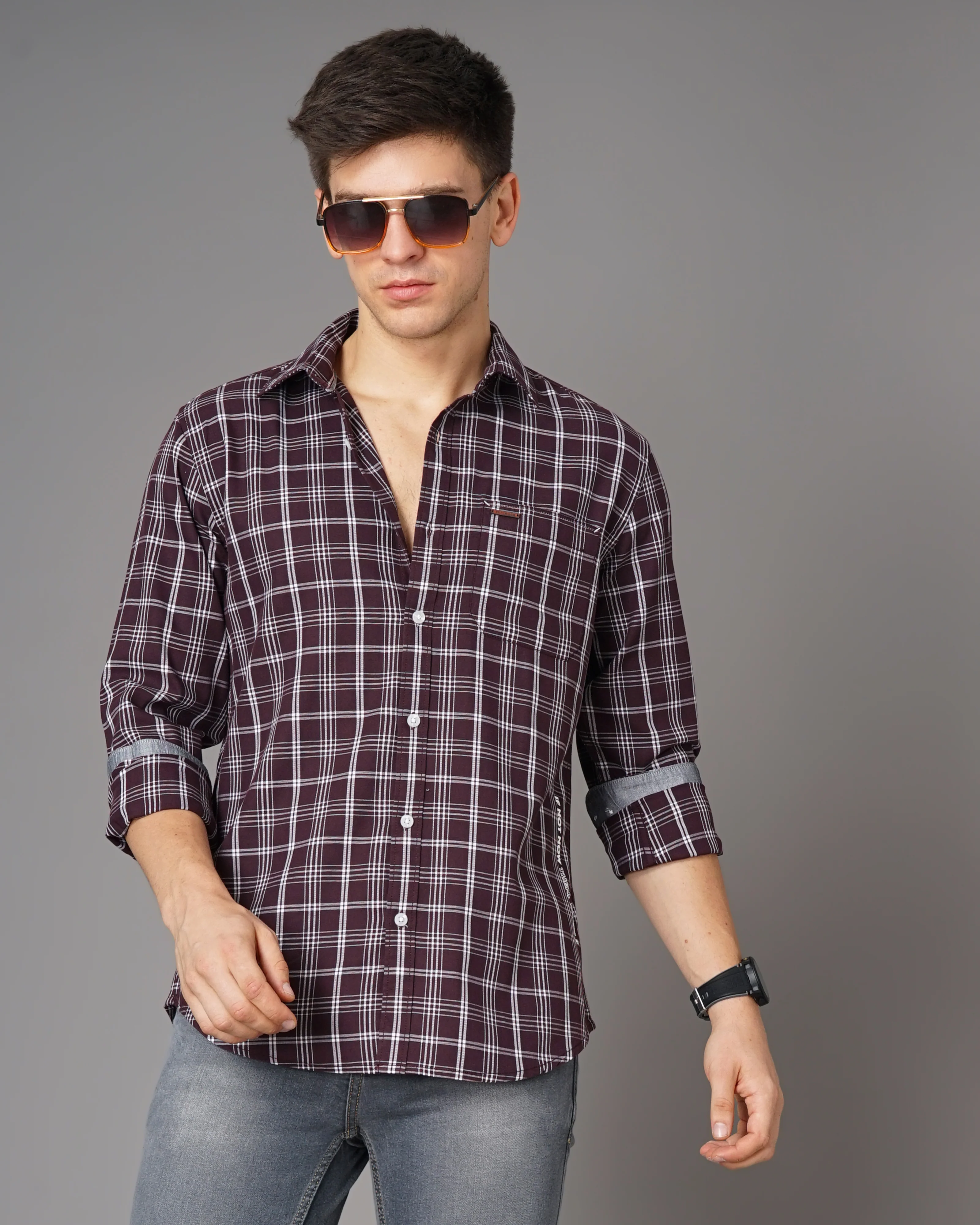 Men Burgundy Cotton Slim Shirt - Image 5