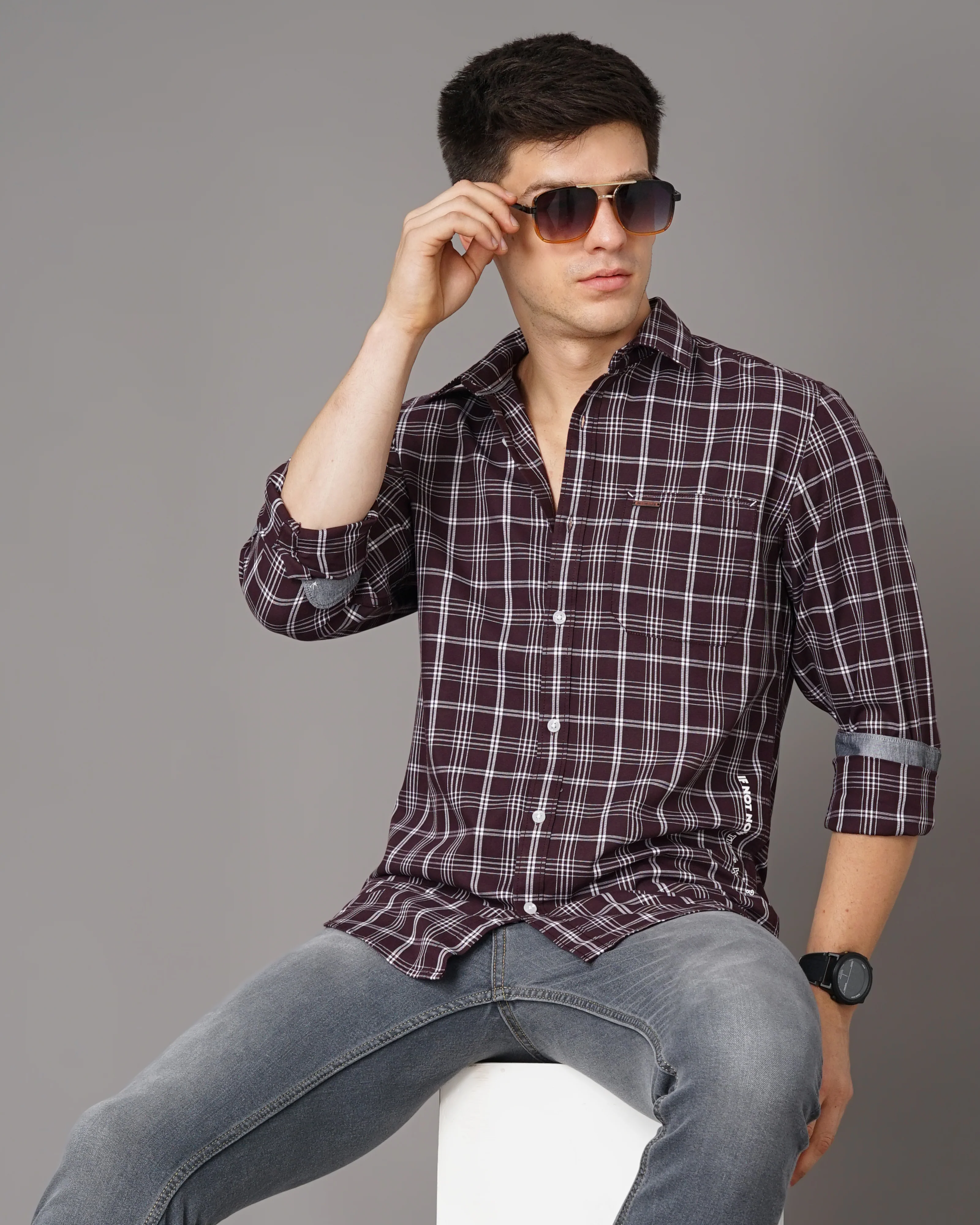 Men Burgundy Cotton Slim Shirt - Image 6
