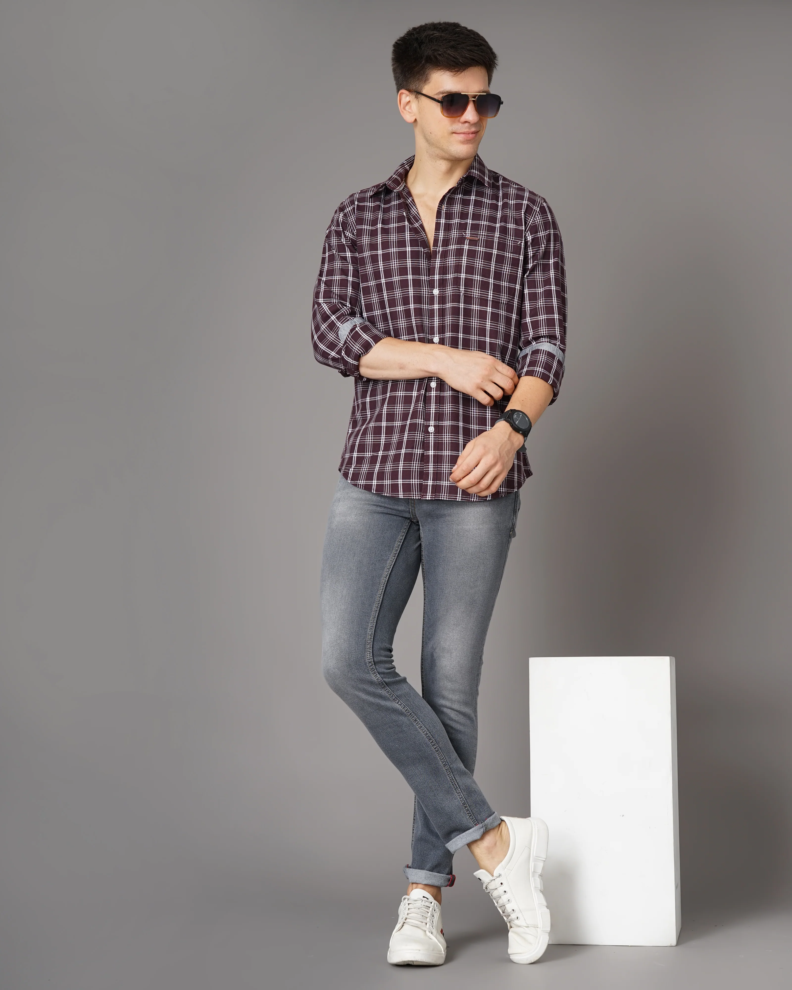 Men Burgundy Cotton Slim Shirt - Image 7