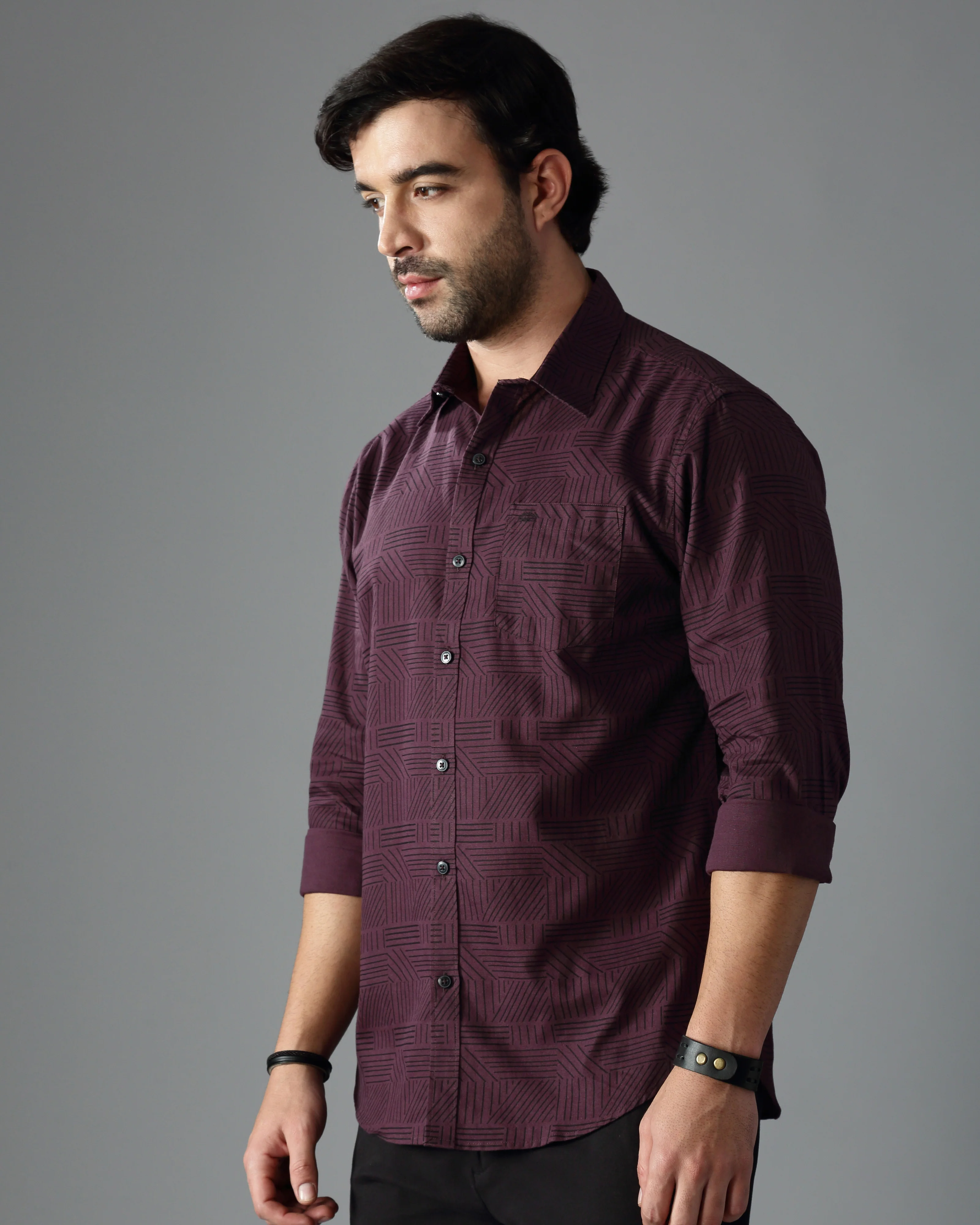 Men Burgundy Cotton Slim Shirt - Image 2