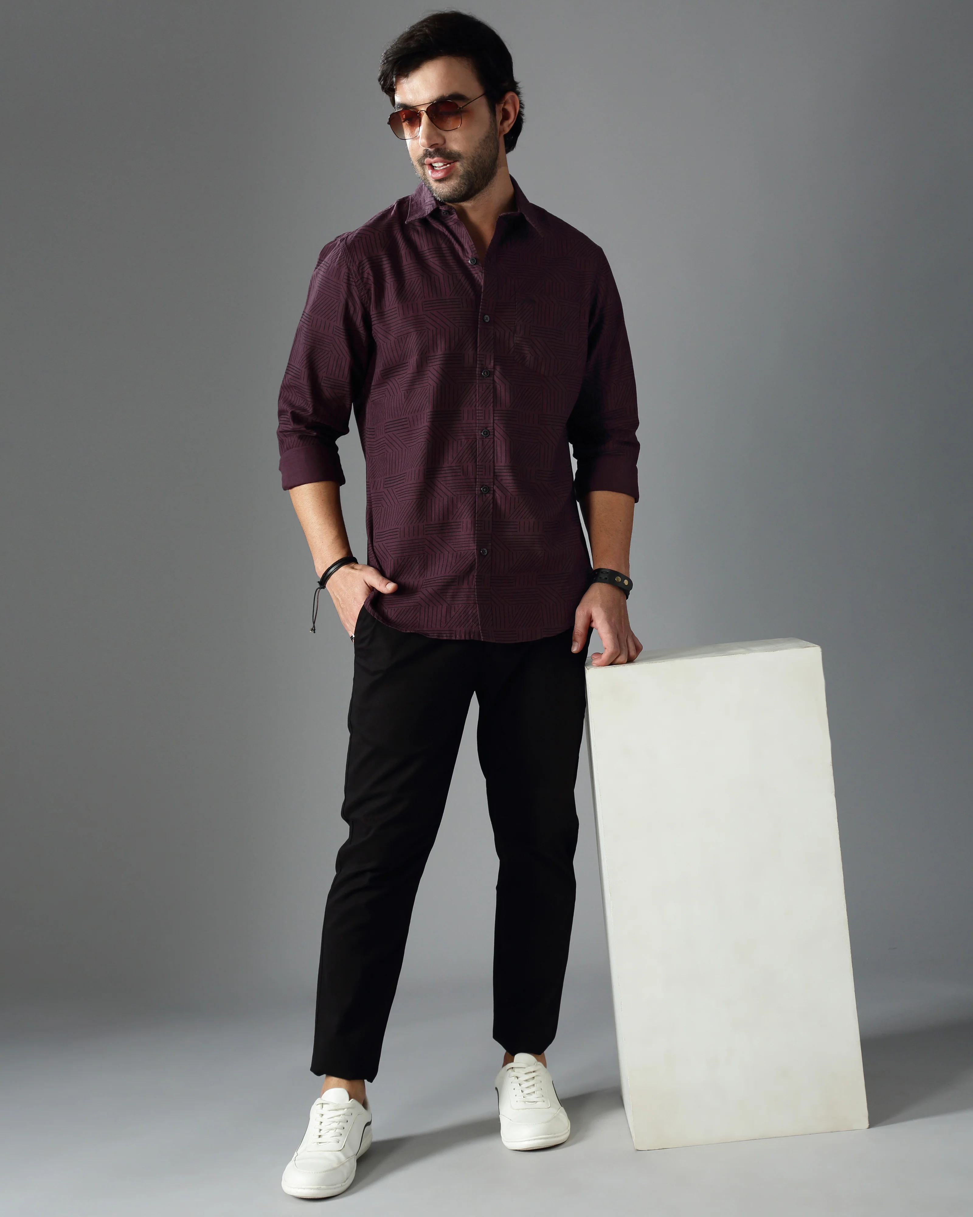 Men Burgundy Cotton Slim Shirt - Image 6