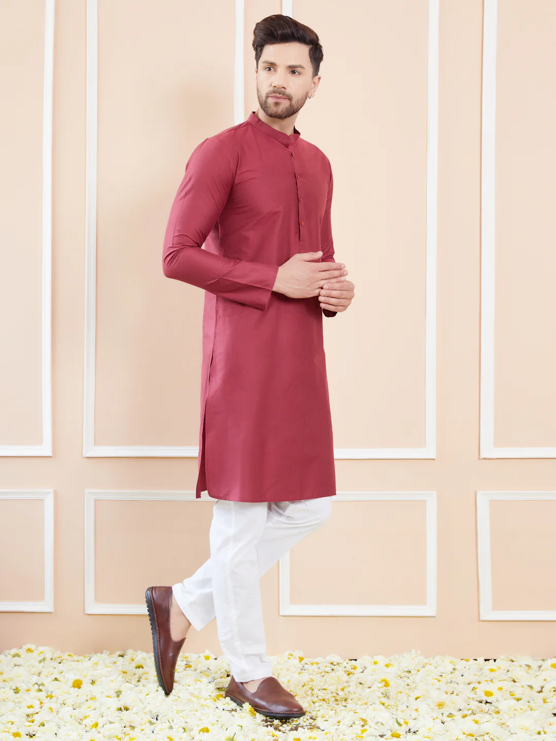 Men Burgundy Cotton Solid Straight Kurta - Image 5