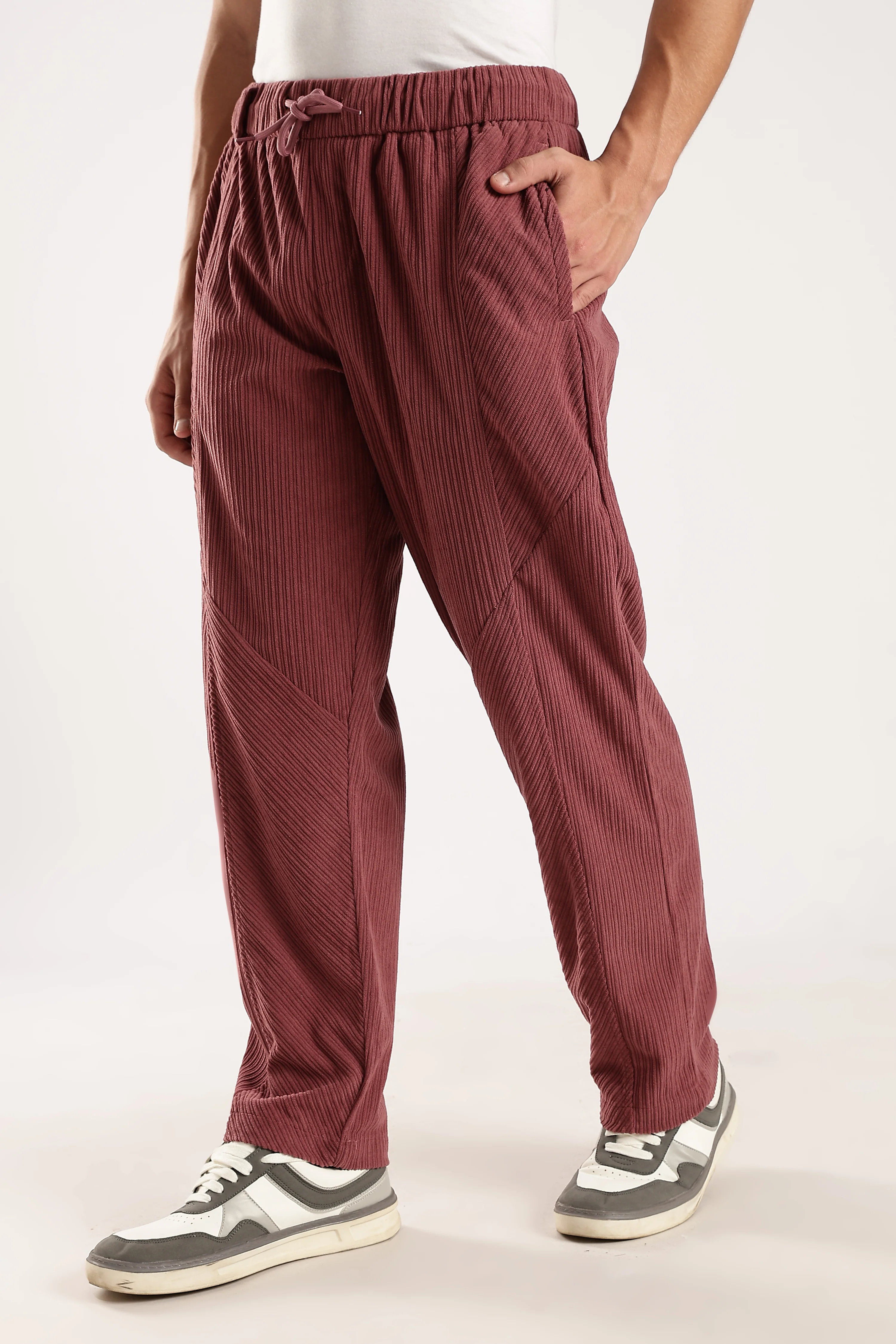 Men Burgundy Textured Drawcord Trousers - Image 8