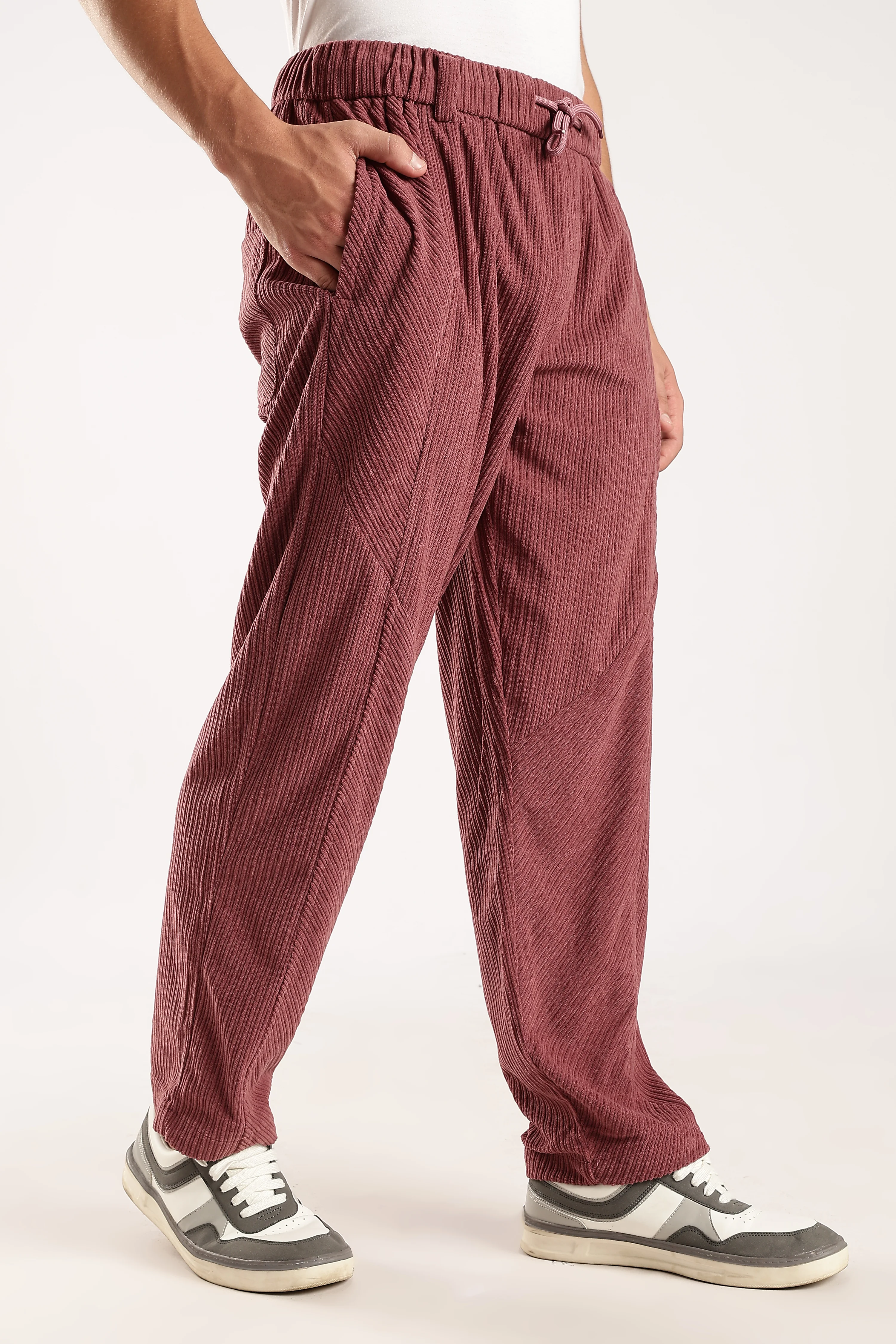 Men Burgundy Textured Drawcord Trousers - Image 9