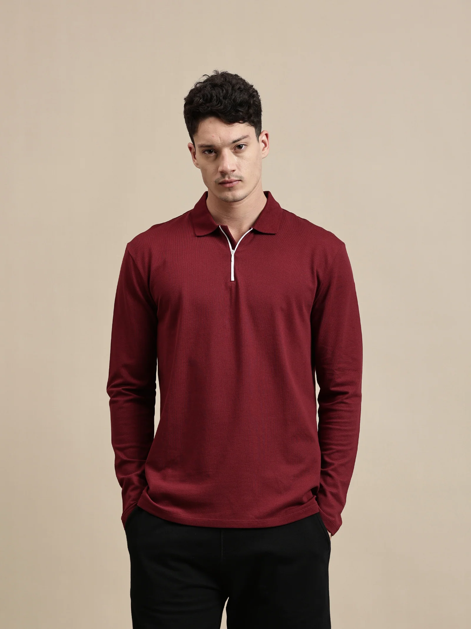 Men Burgundy Full Sleeve T-Shirt - Image 2