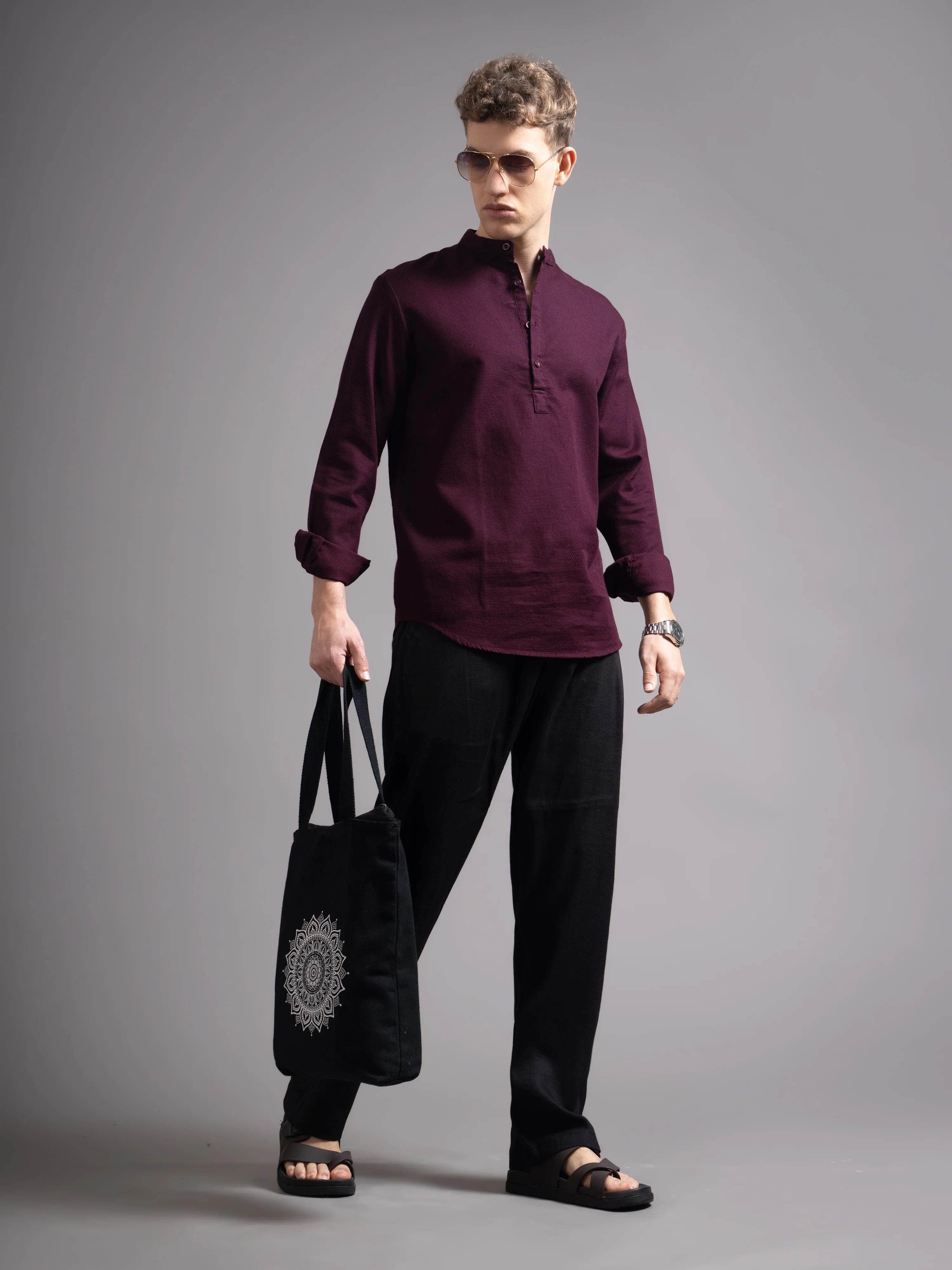 Men Burgundy Kurta Shirt - Image 2