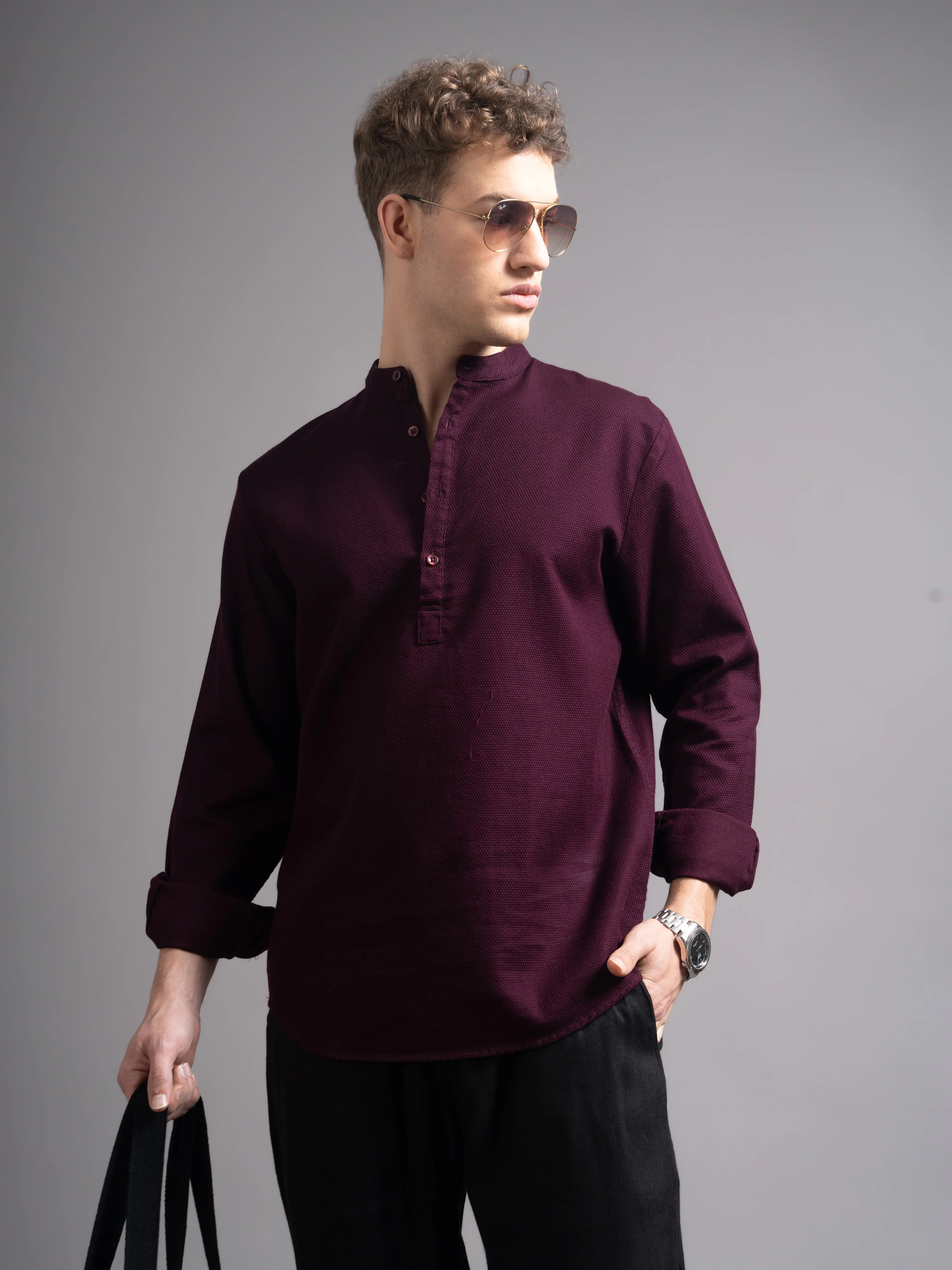 Men Burgundy Kurta Shirt - Image 3