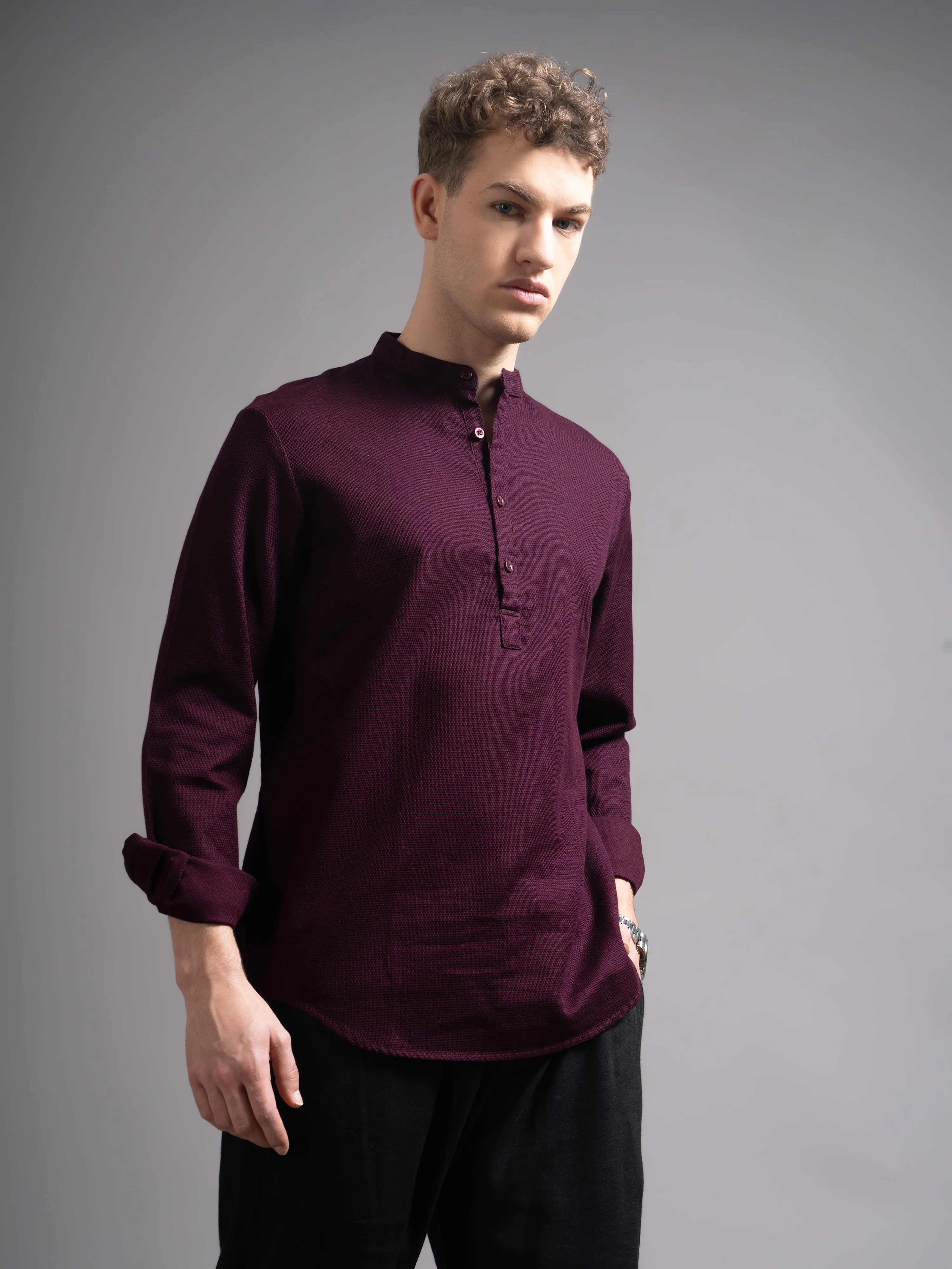 Men Burgundy Kurta Shirt - Image 4