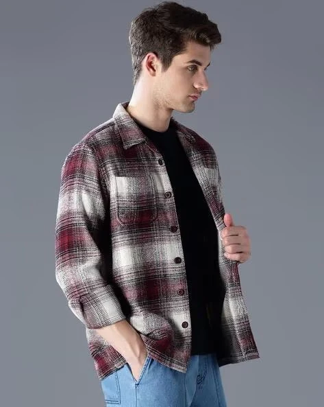 Men Burgundy Oversized Fit Shacket - Image 3