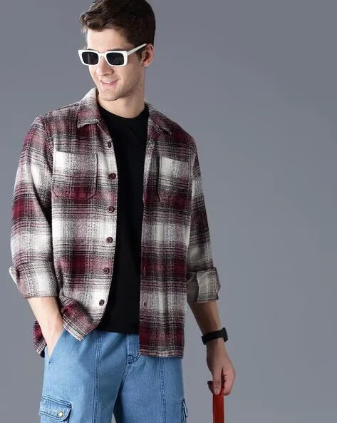 Men Burgundy Oversized Fit Shacket - Image 5