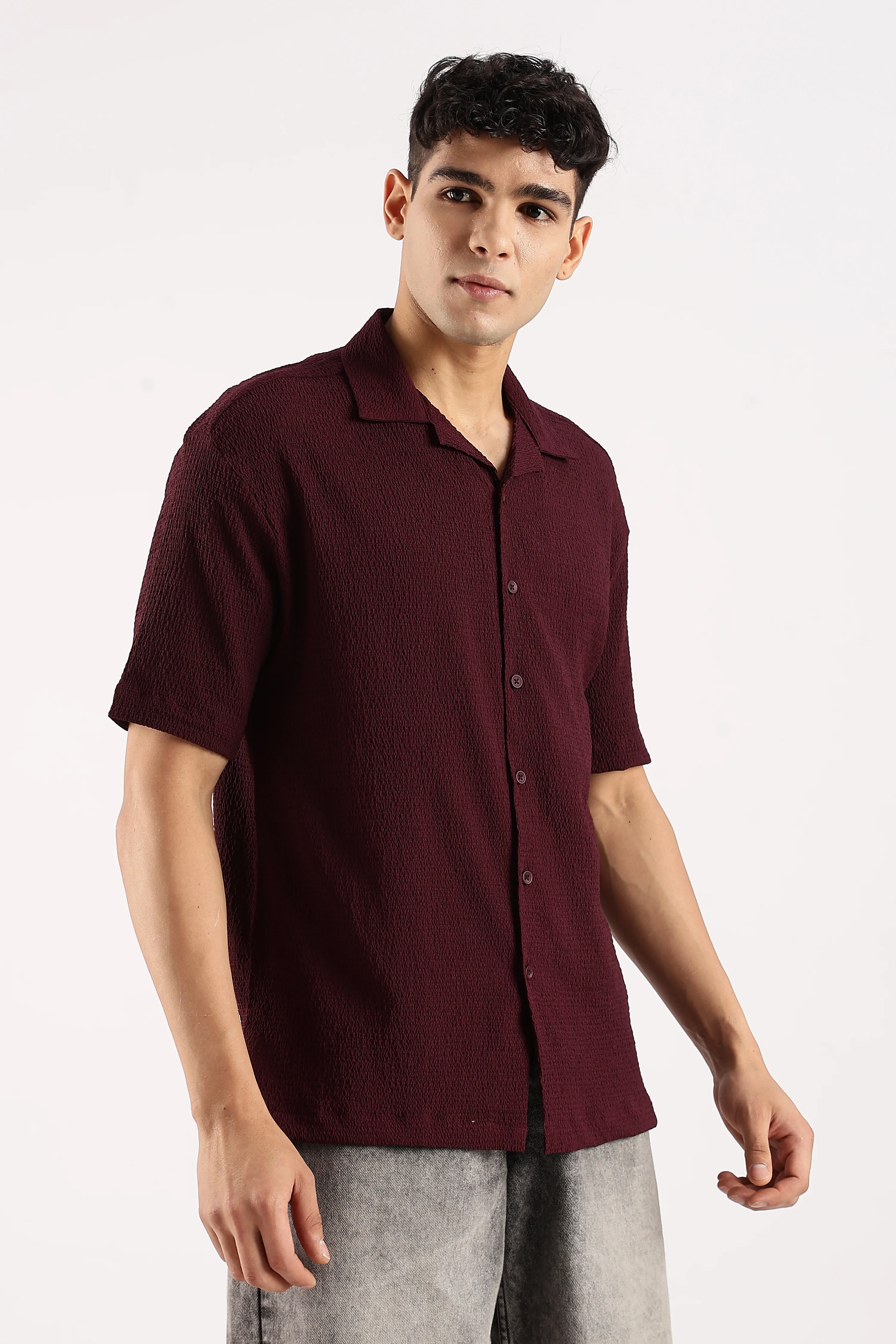 Men Burgundy  Poly Textured Shirt - Image 2