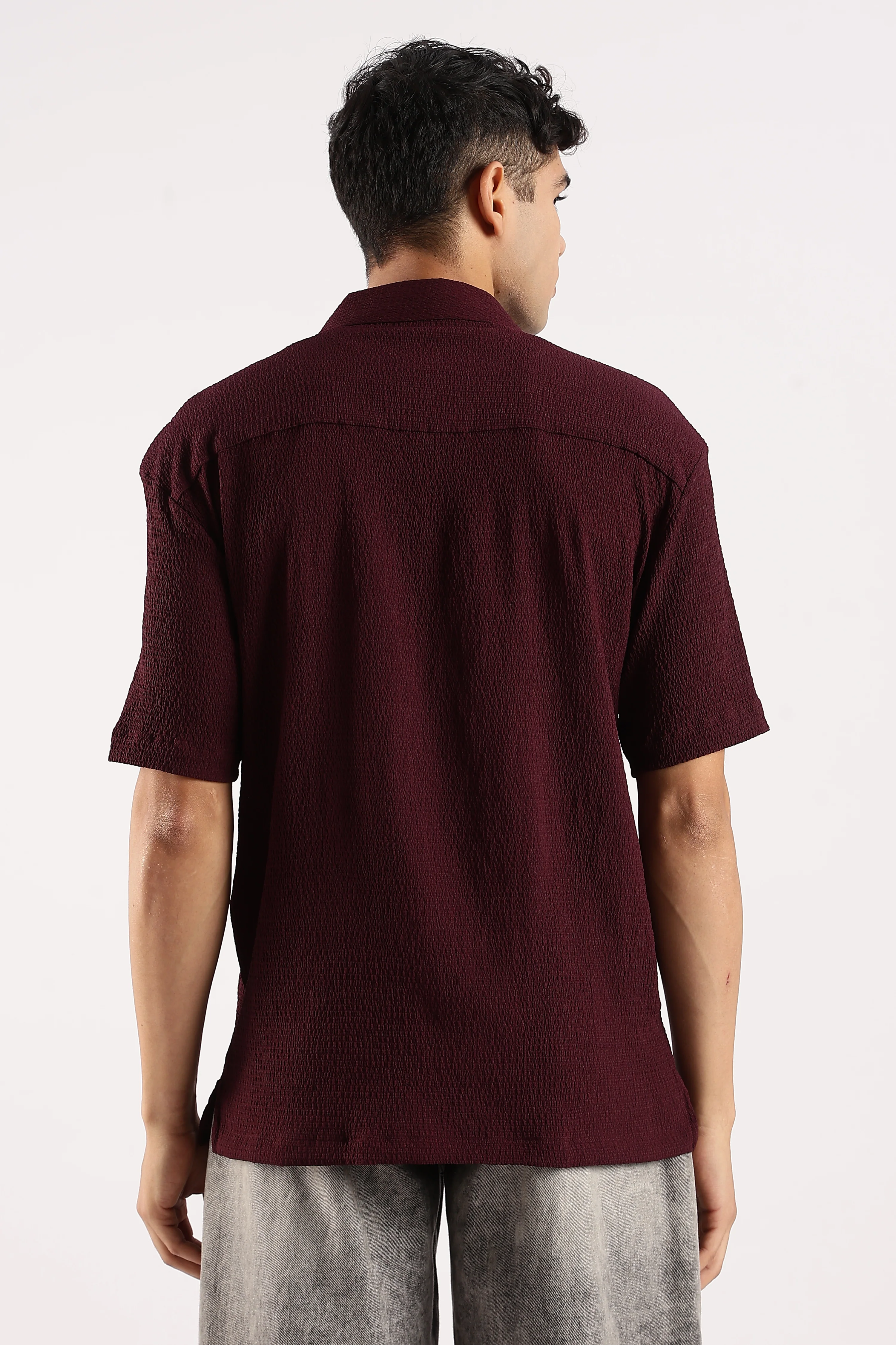 Men Burgundy  Poly Textured Shirt - Image 3