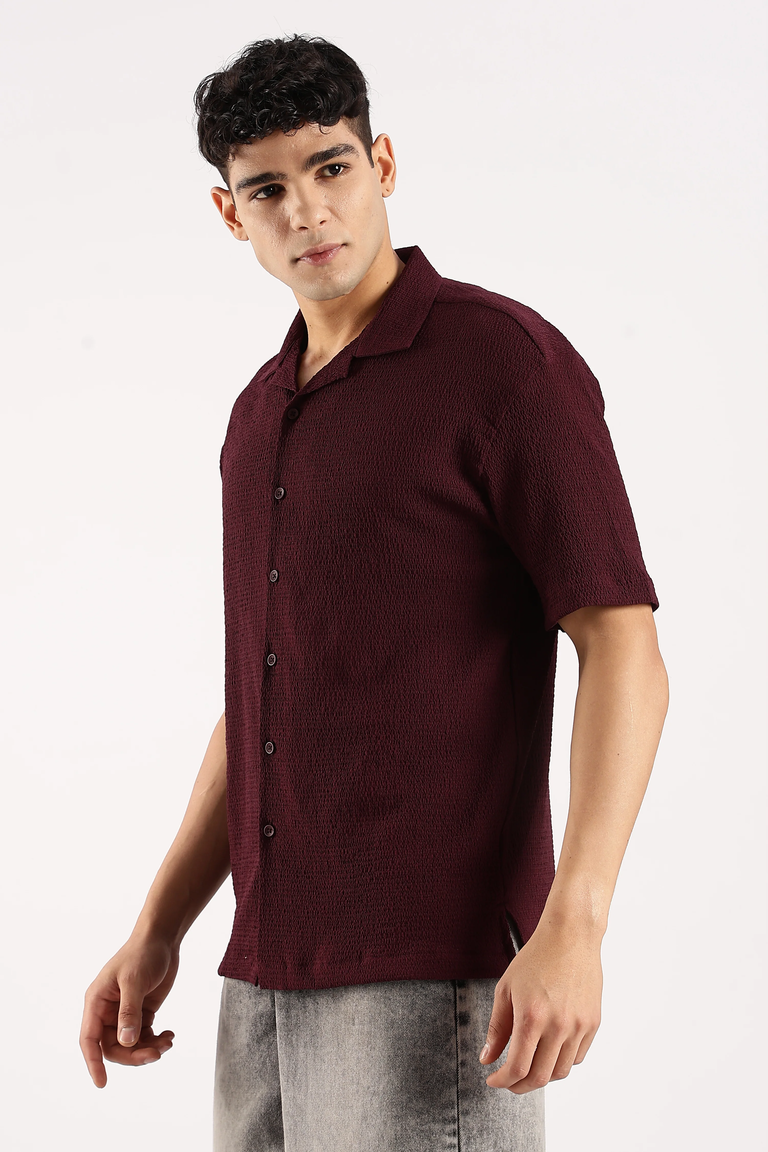 Men Burgundy  Poly Textured Shirt - Image 4