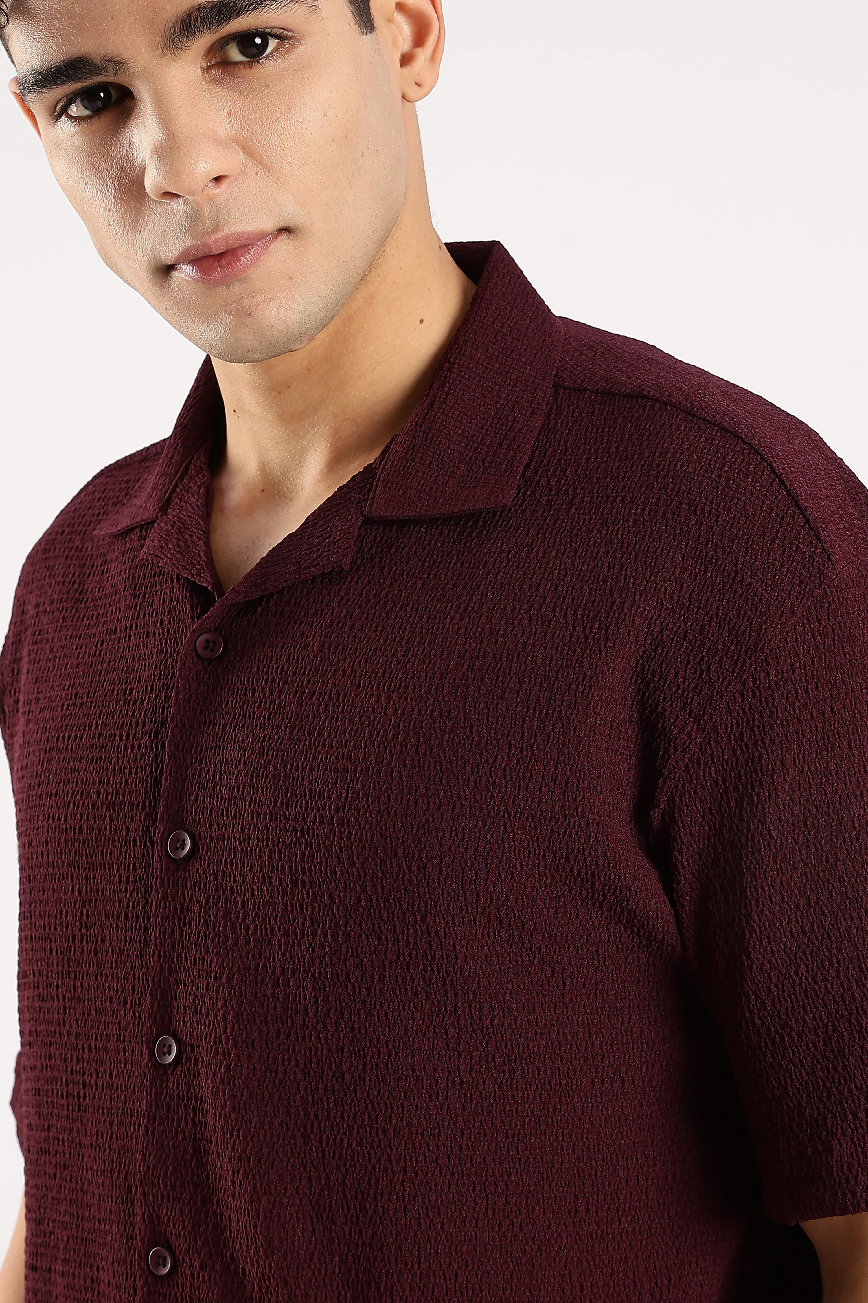 Men Burgundy  Poly Textured Shirt - Image 7