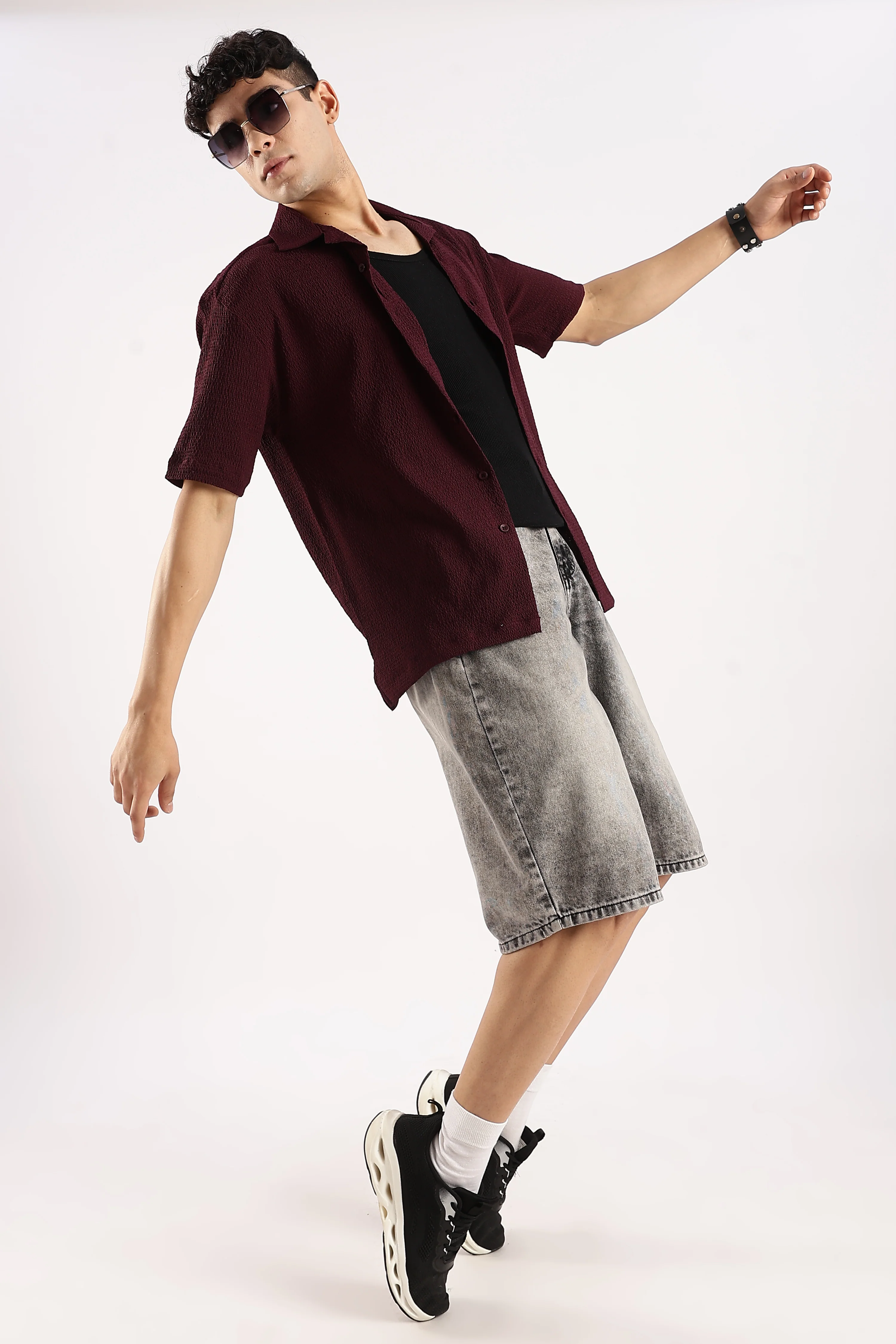 Men Burgundy  Poly Textured Shirt - Image 8