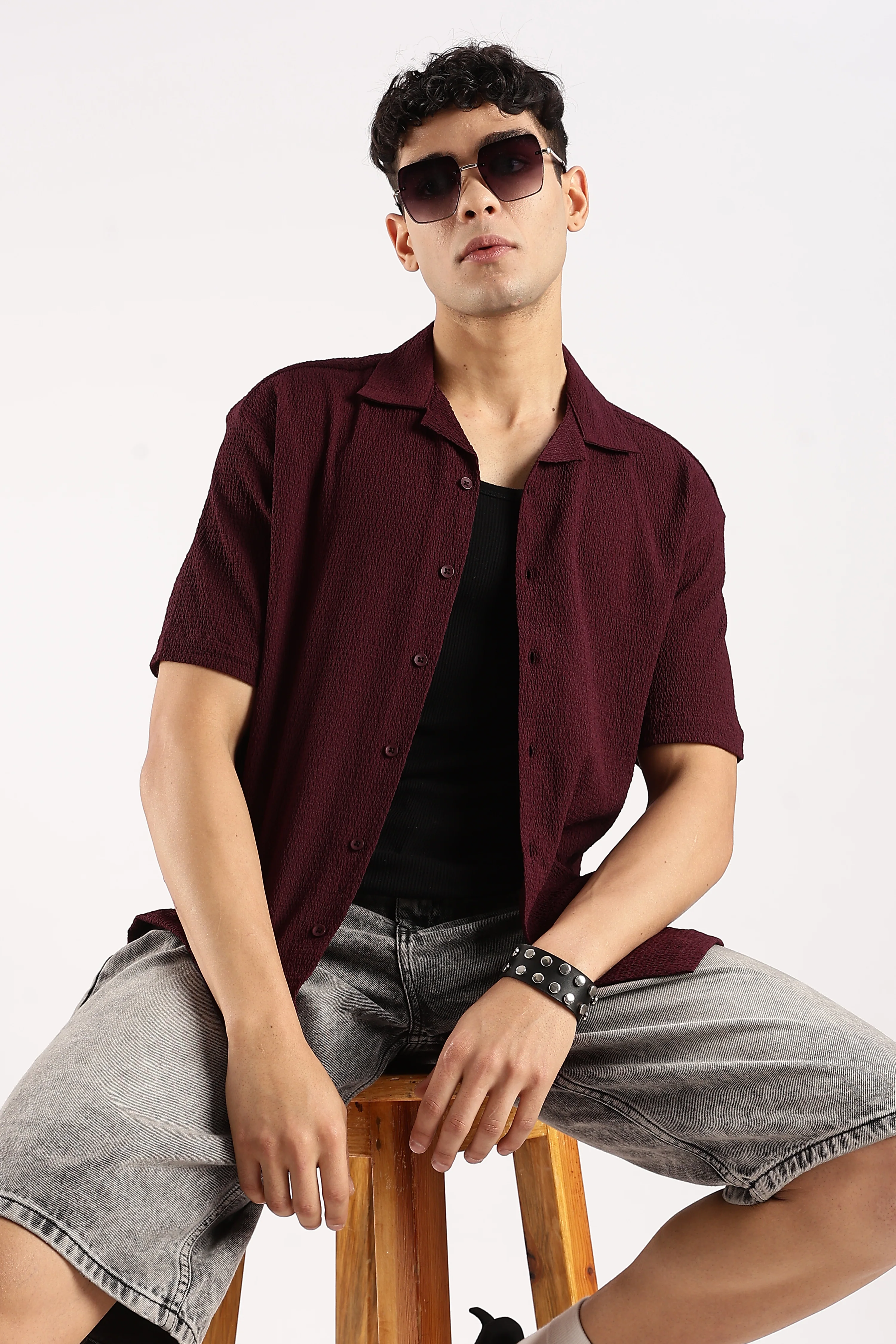 Men Burgundy  Poly Textured Shirt - Image 9