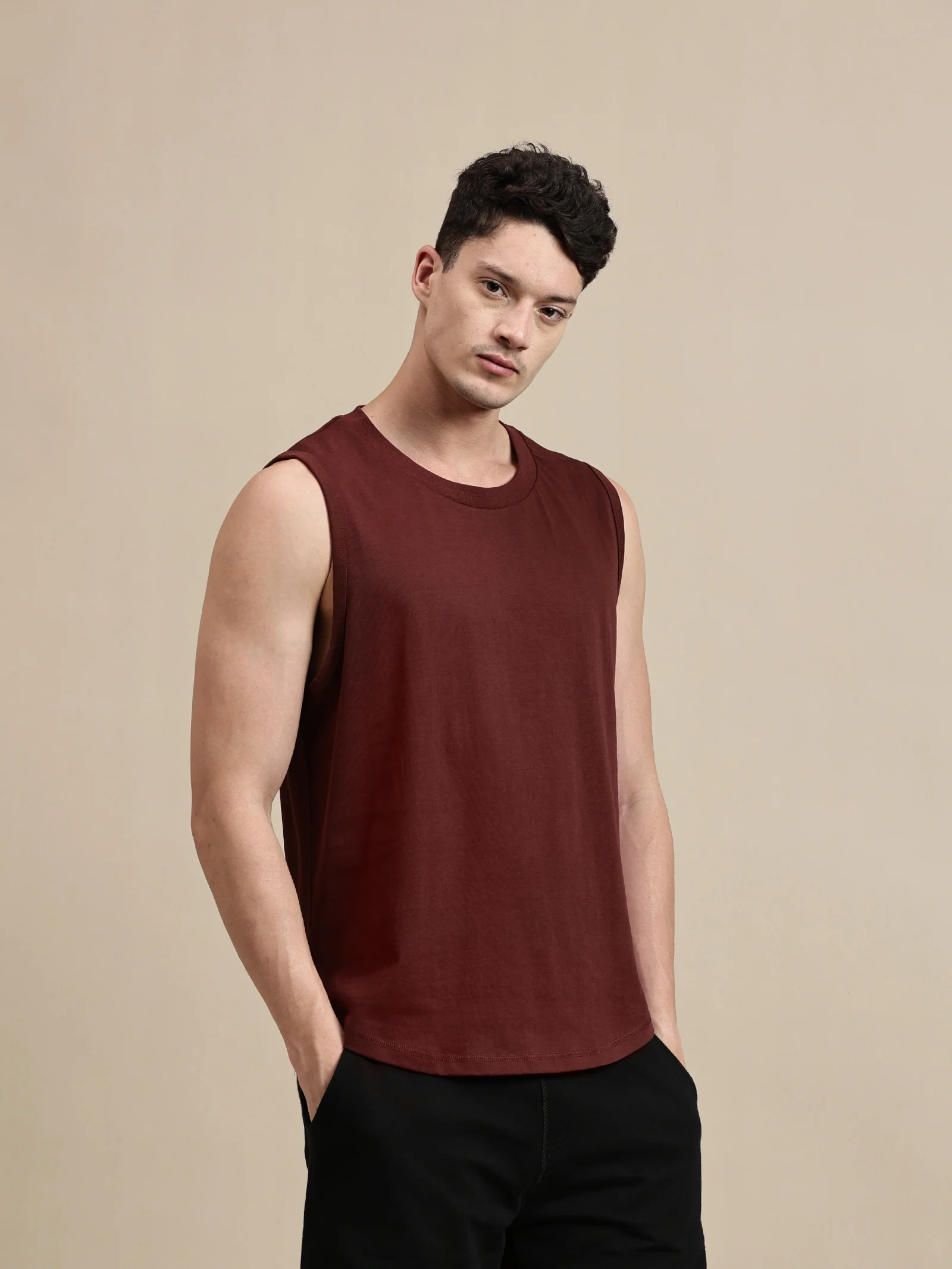 Men Burgundy Sleeveless T-Shirt - Image 3