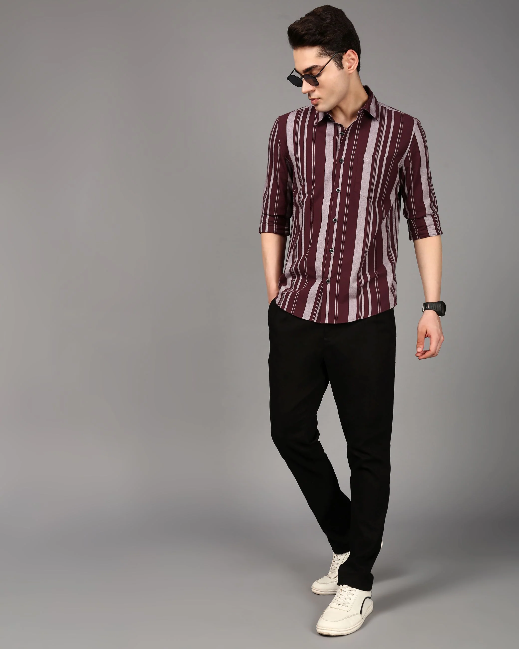 Men Burgundy Striped Shirt - Image 2