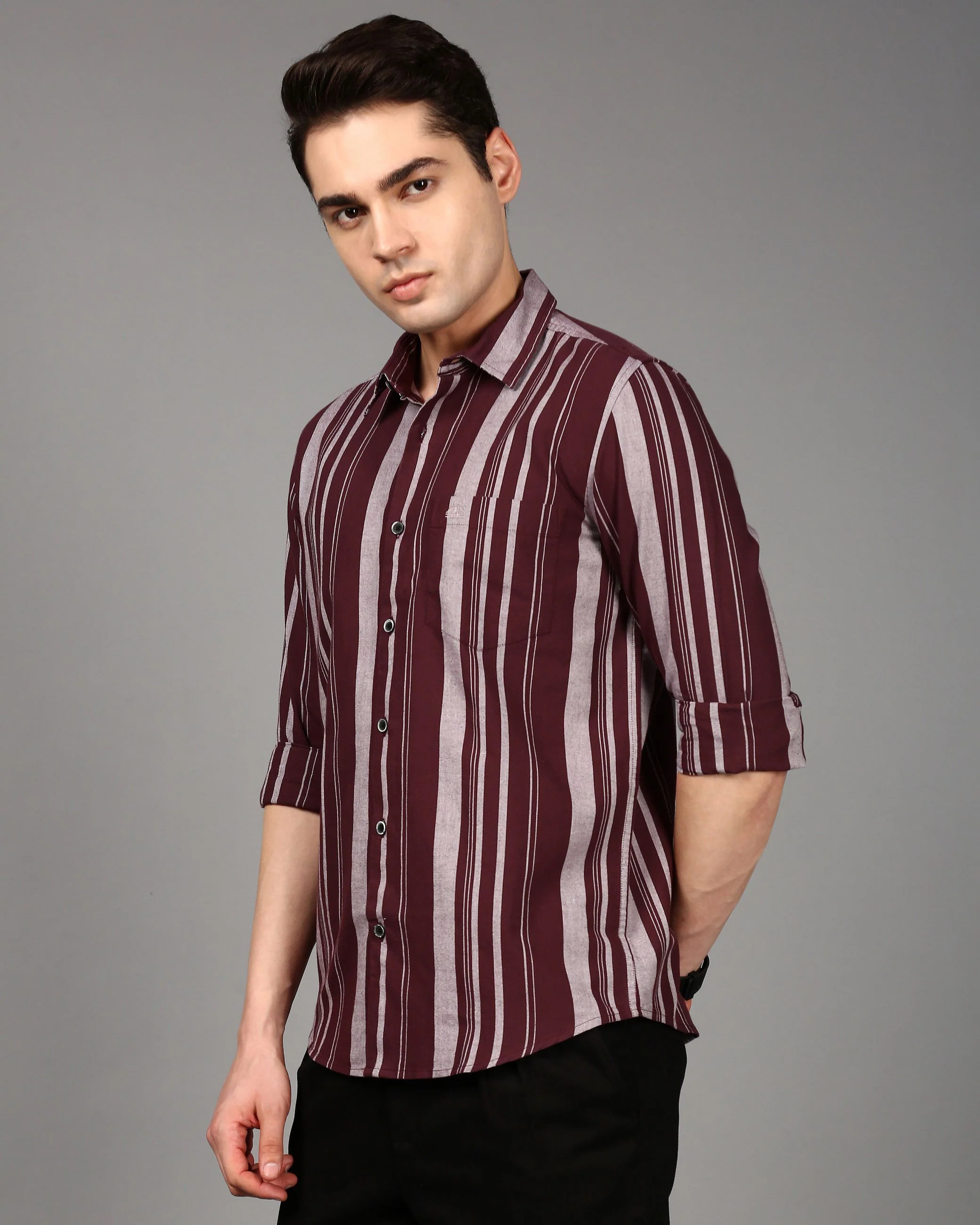 Men Burgundy Striped Shirt - Image 7