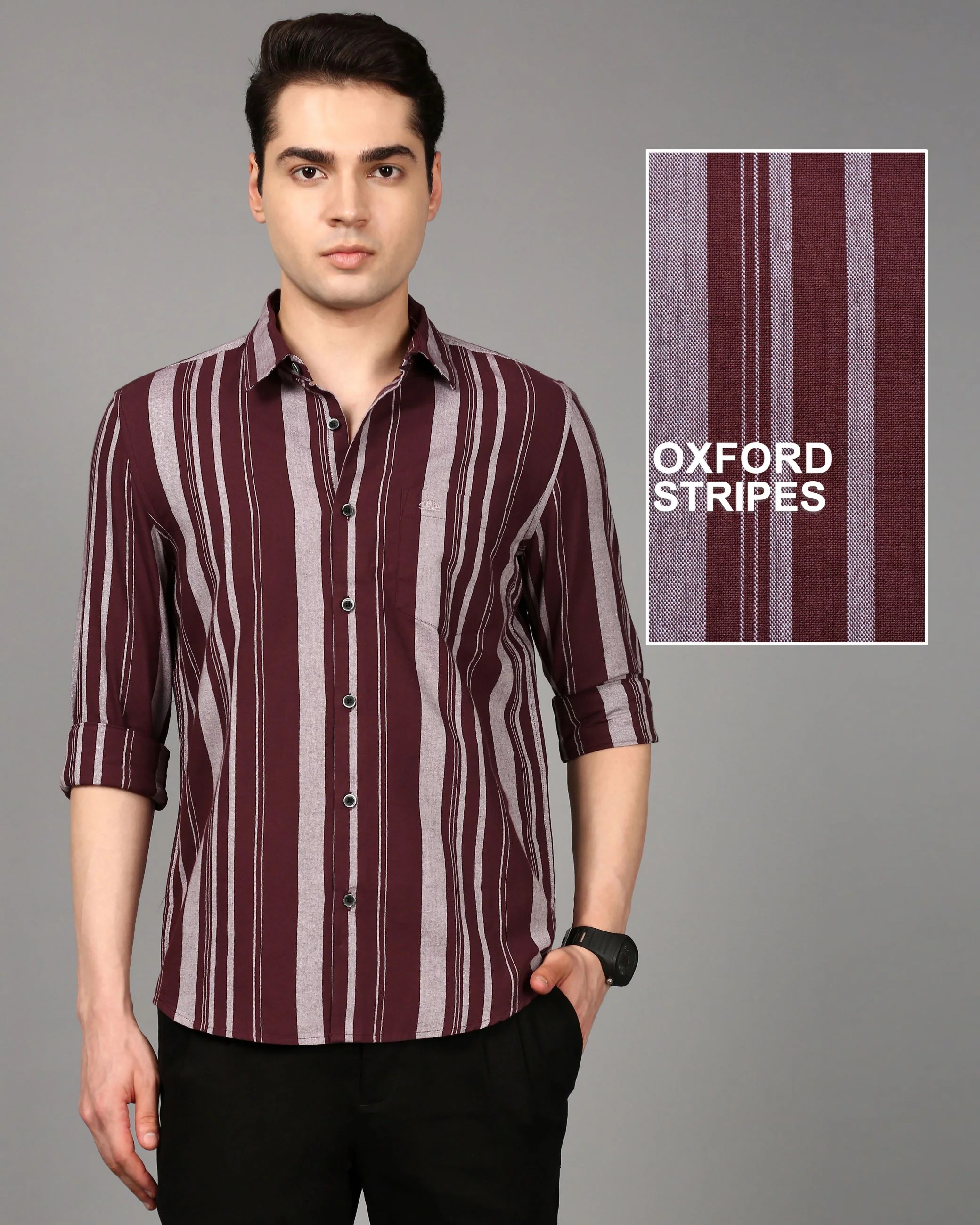 Men Burgundy Striped Shirt - Image 8