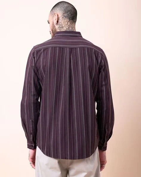Men Burgundy Striped Shirt - Image 2