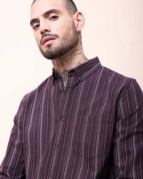 Men Burgundy Striped Shirt - Image 3