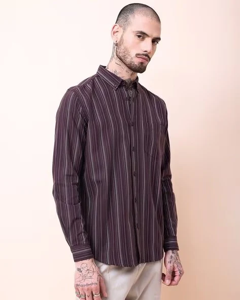 Men Burgundy Striped Shirt - Image 4