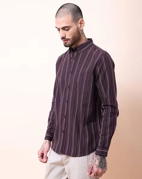 Men Burgundy Striped Shirt - Image 5