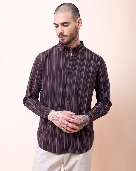 Men Burgundy Striped Shirt - Image 6