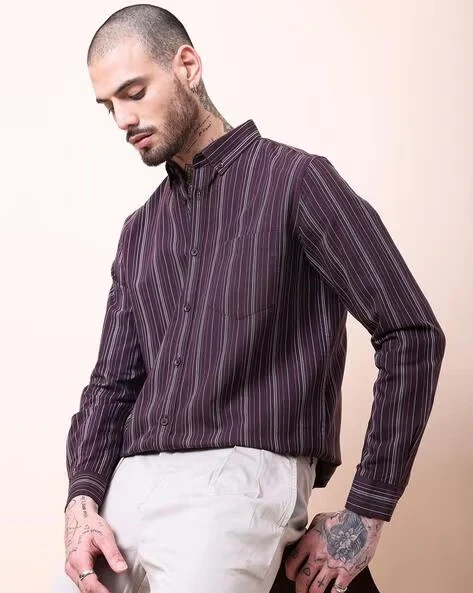 Men Burgundy Striped Shirt - Image 7