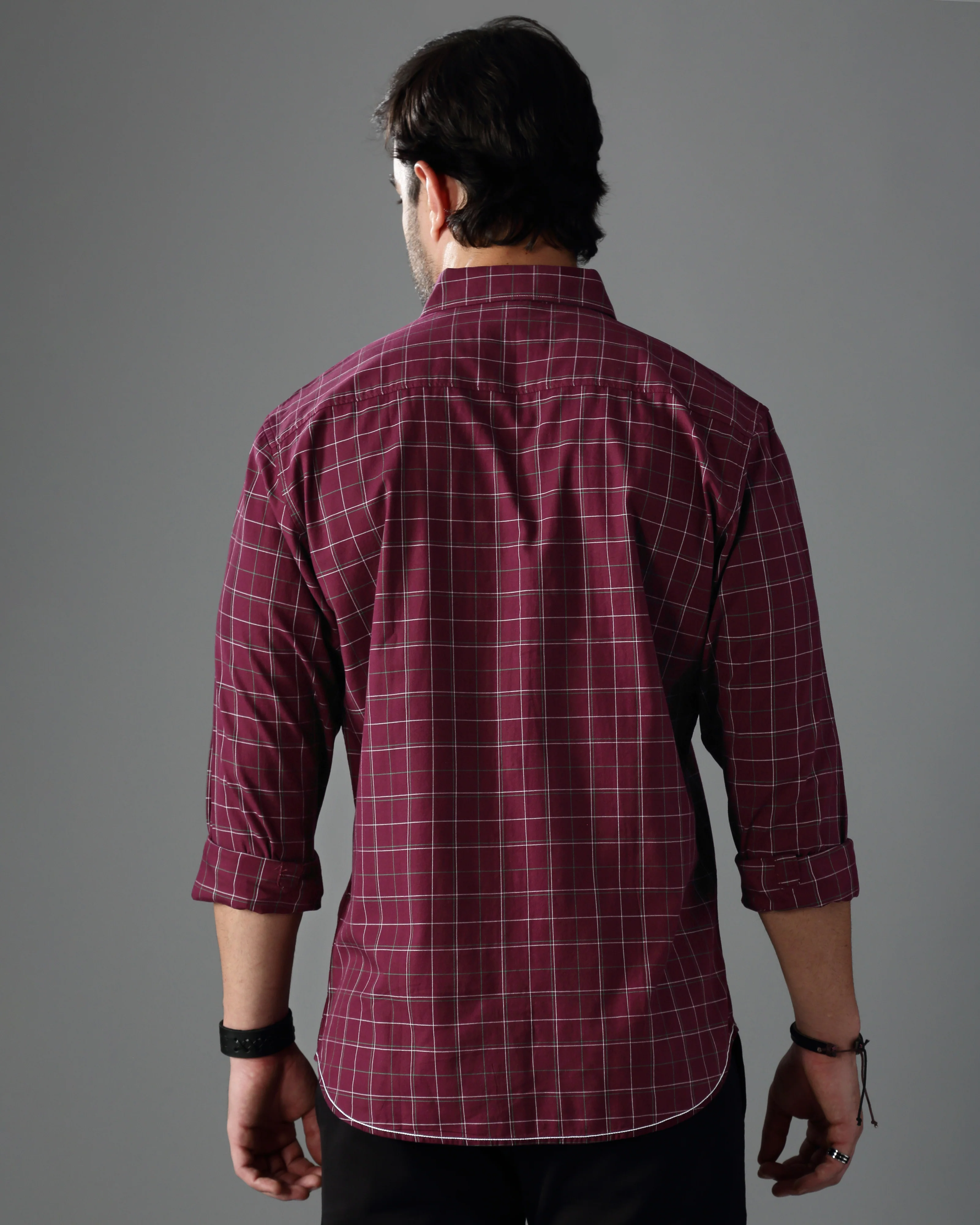 Men Burgundy Twill Checked Shirt - Image 2