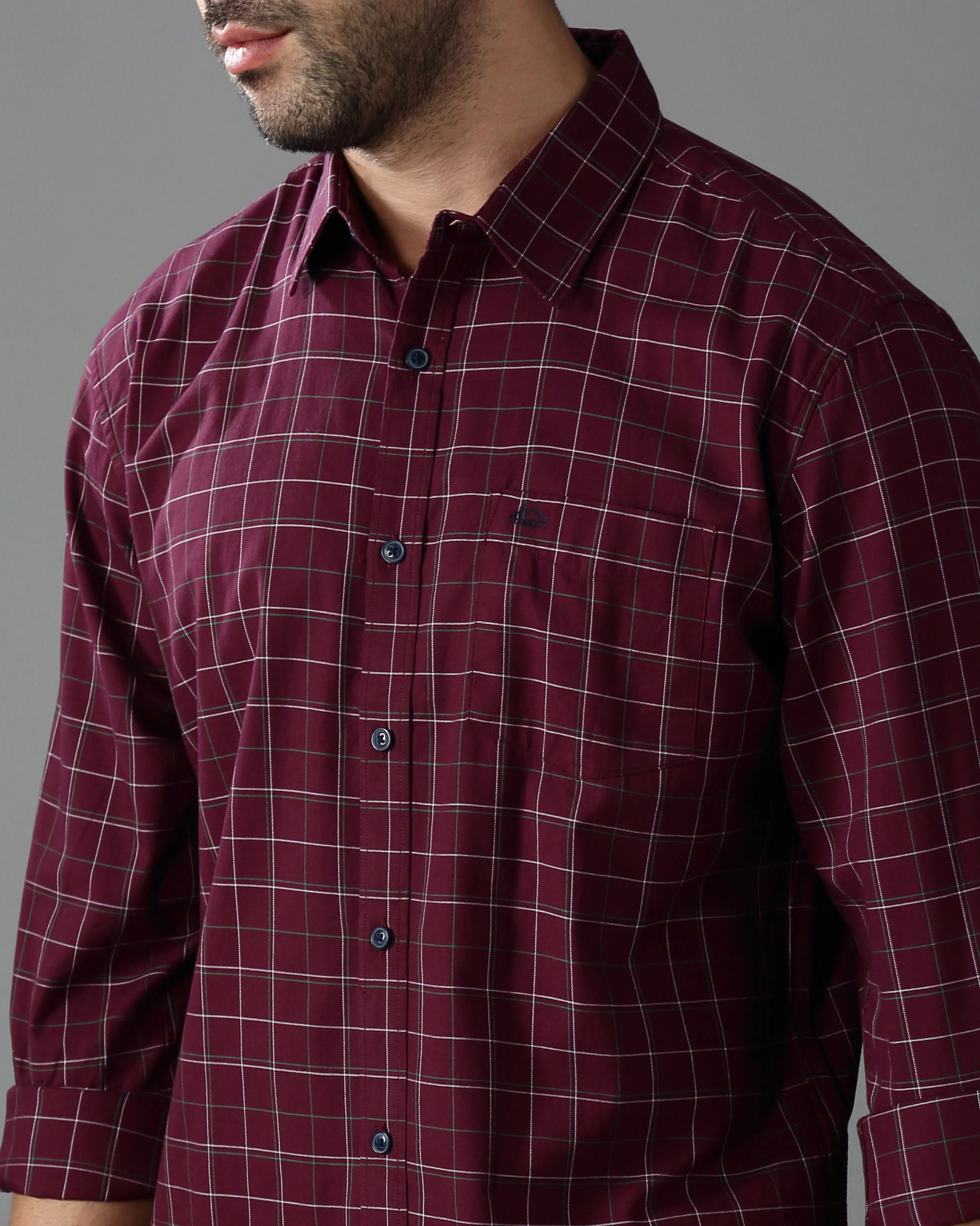 Men Burgundy Twill Checked Shirt - Image 3