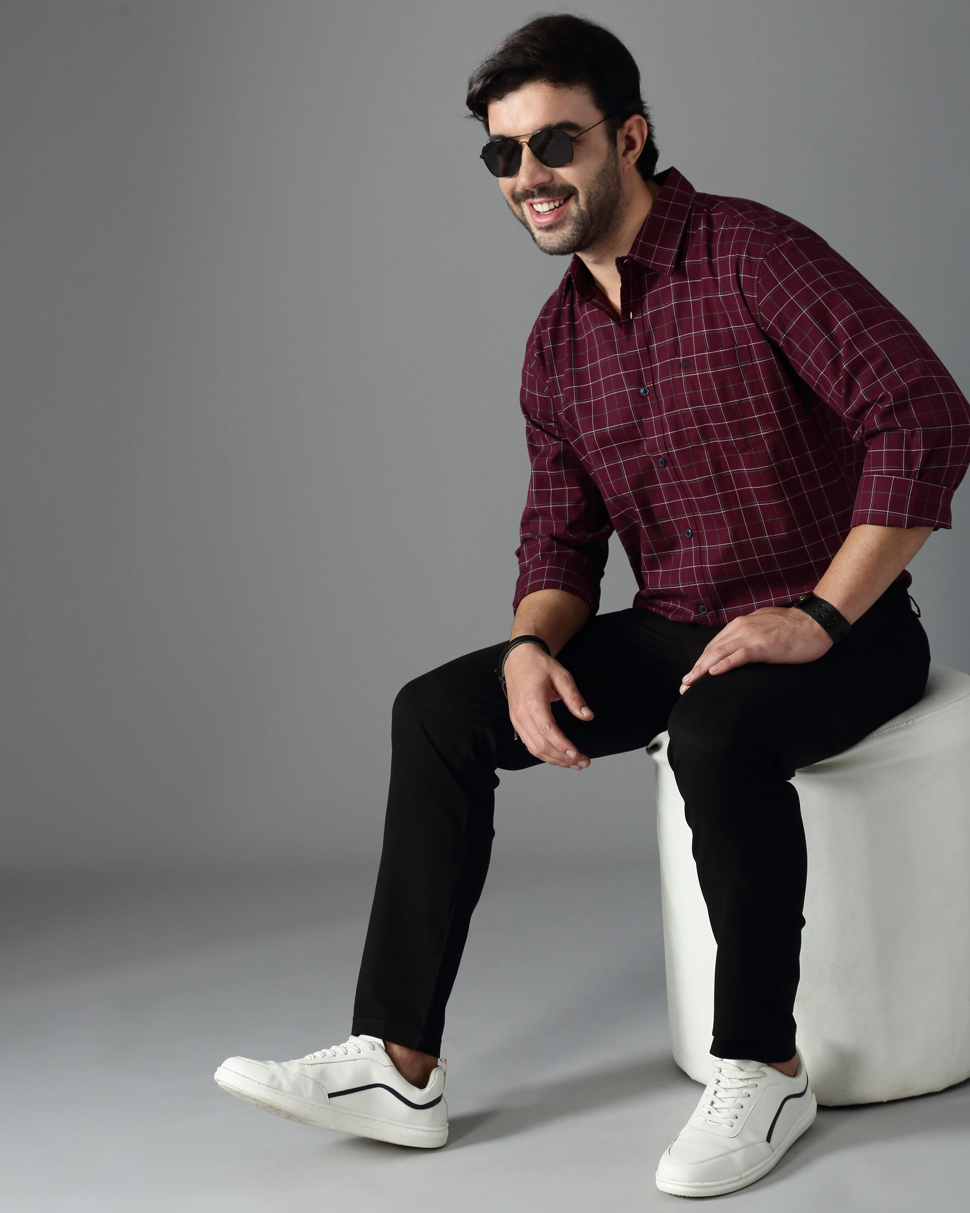 Men Burgundy Twill Checked Shirt - Image 4
