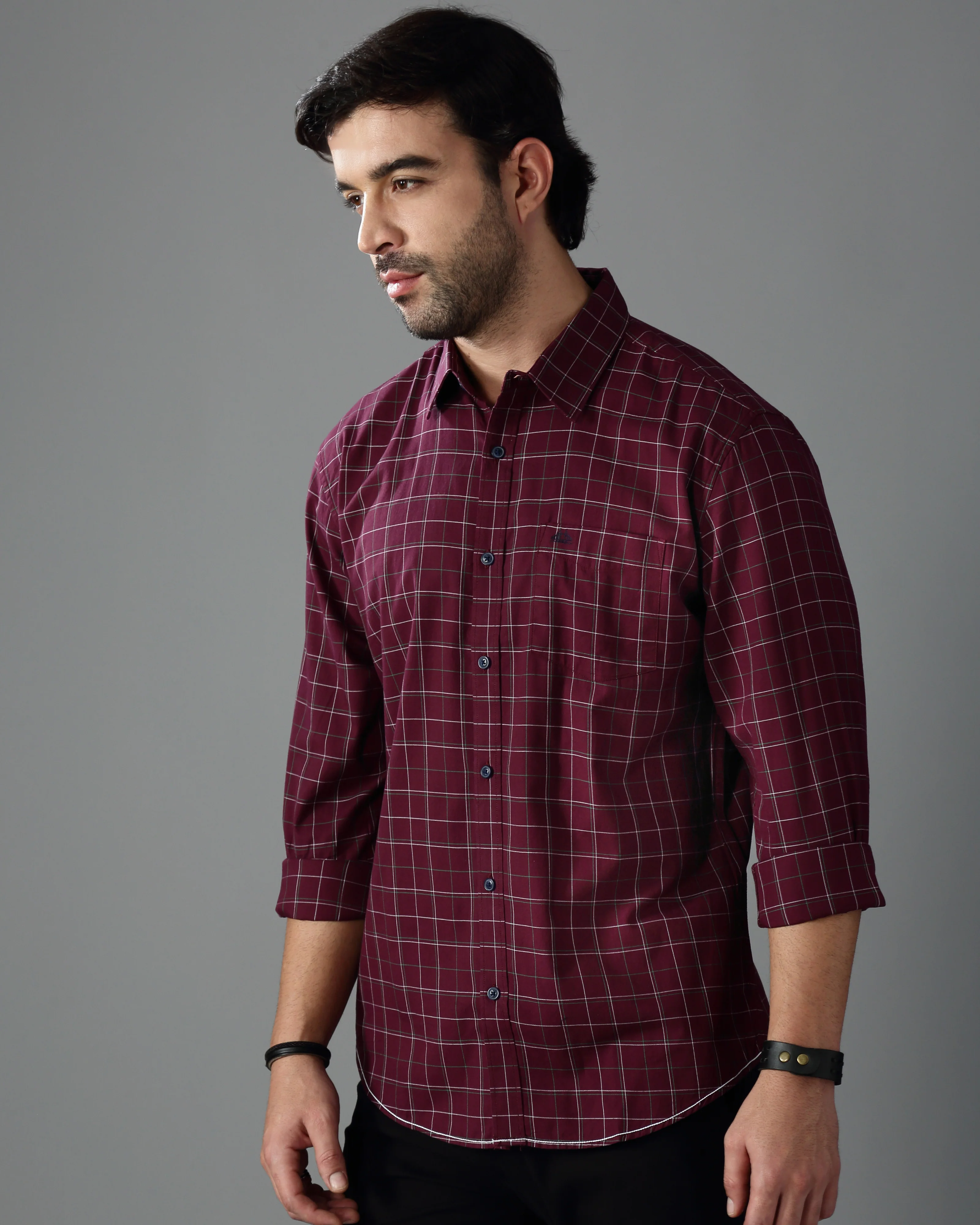 Men Burgundy Twill Checked Shirt - Image 5