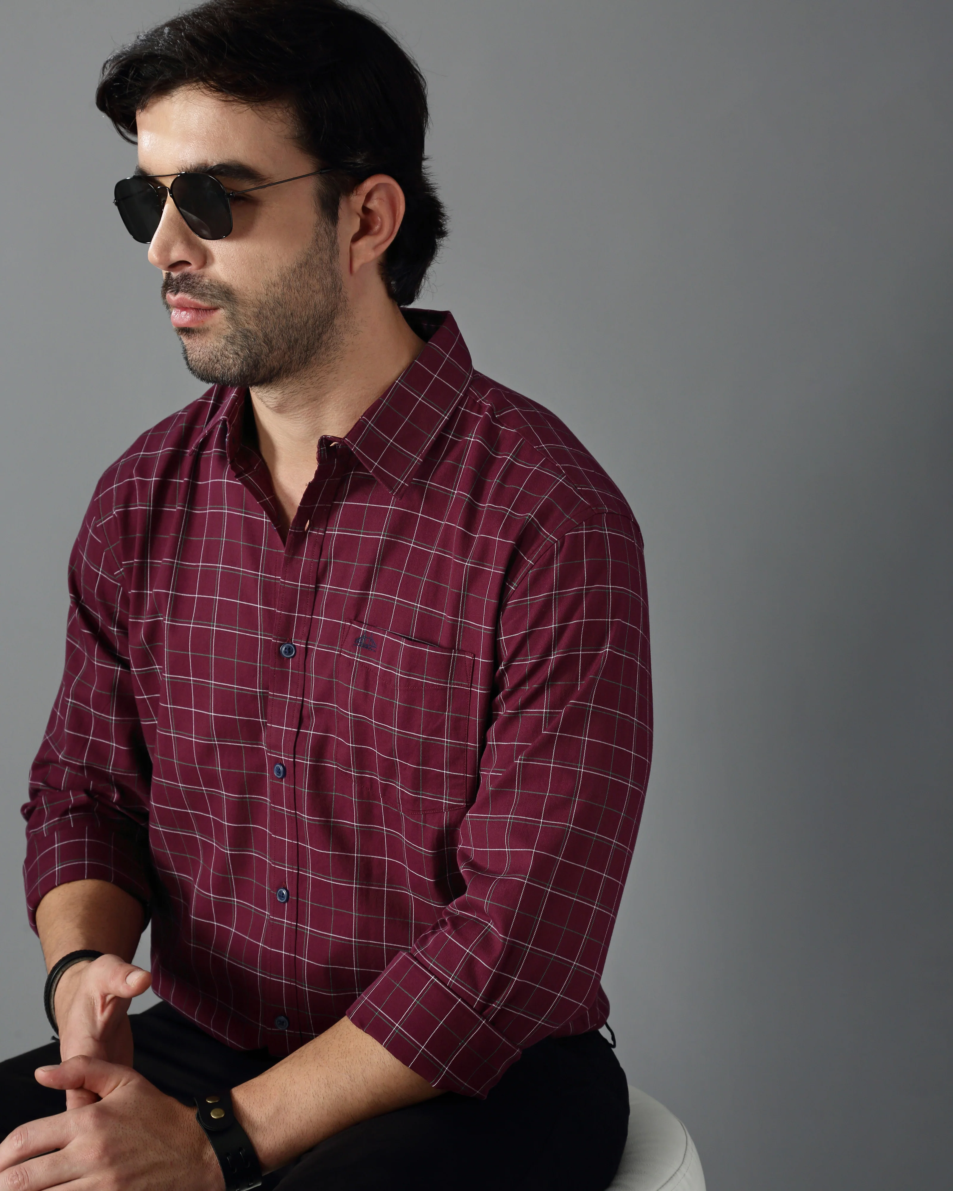 Men Burgundy Twill Checked Shirt - Image 6