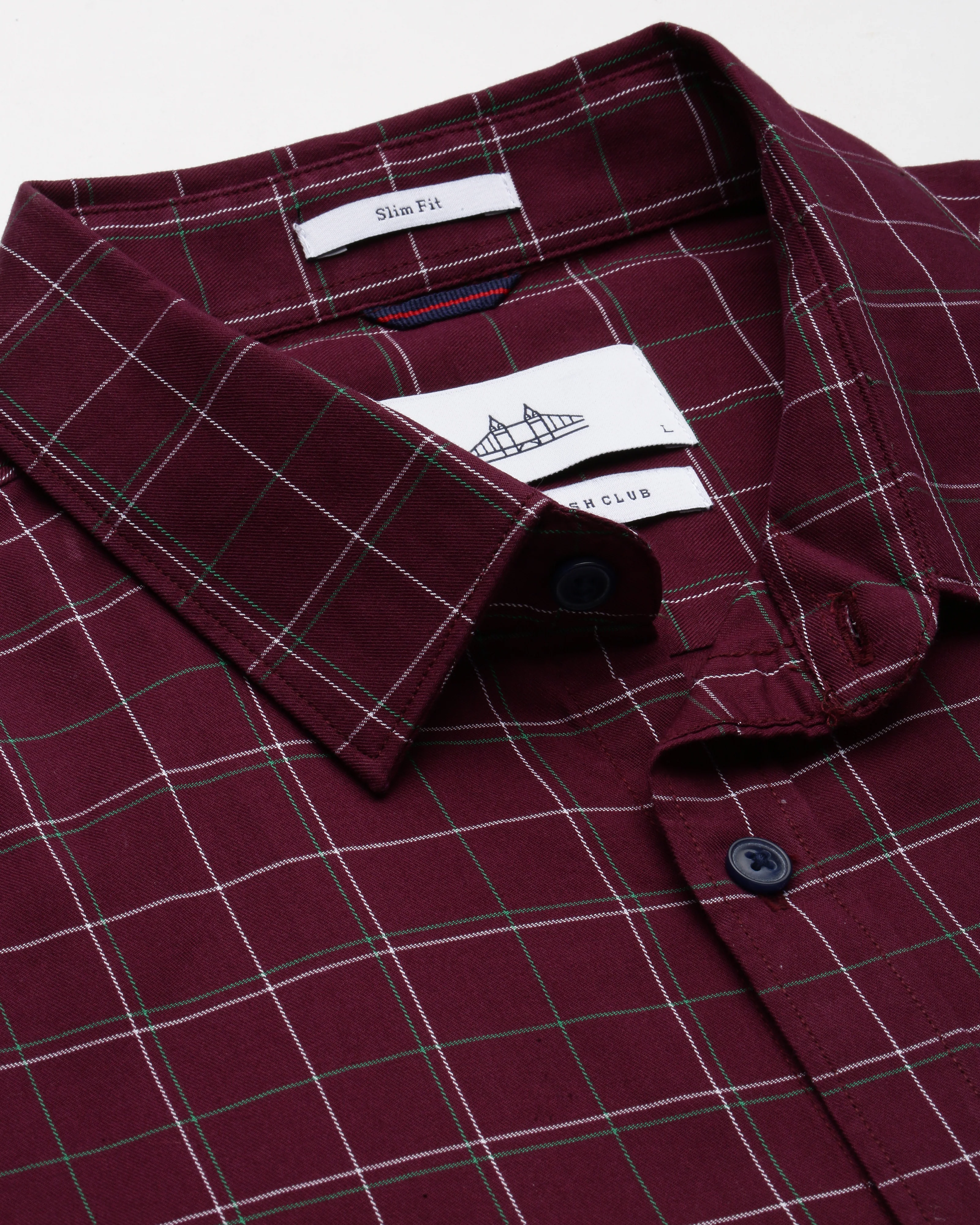 Men Burgundy Twill Checked Shirt - Image 8