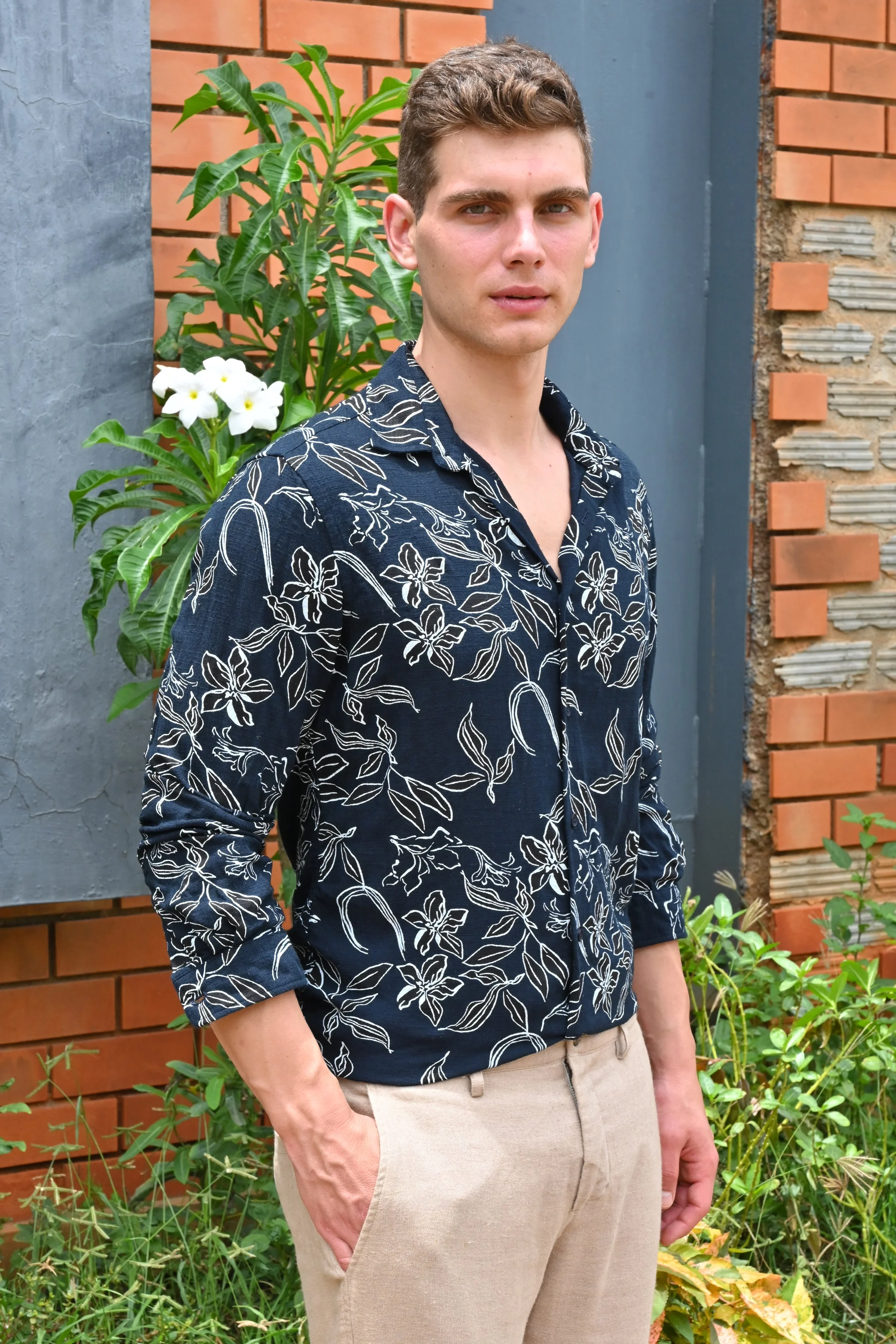 Men Cador Linen Printed Shirt Navy - Image 2