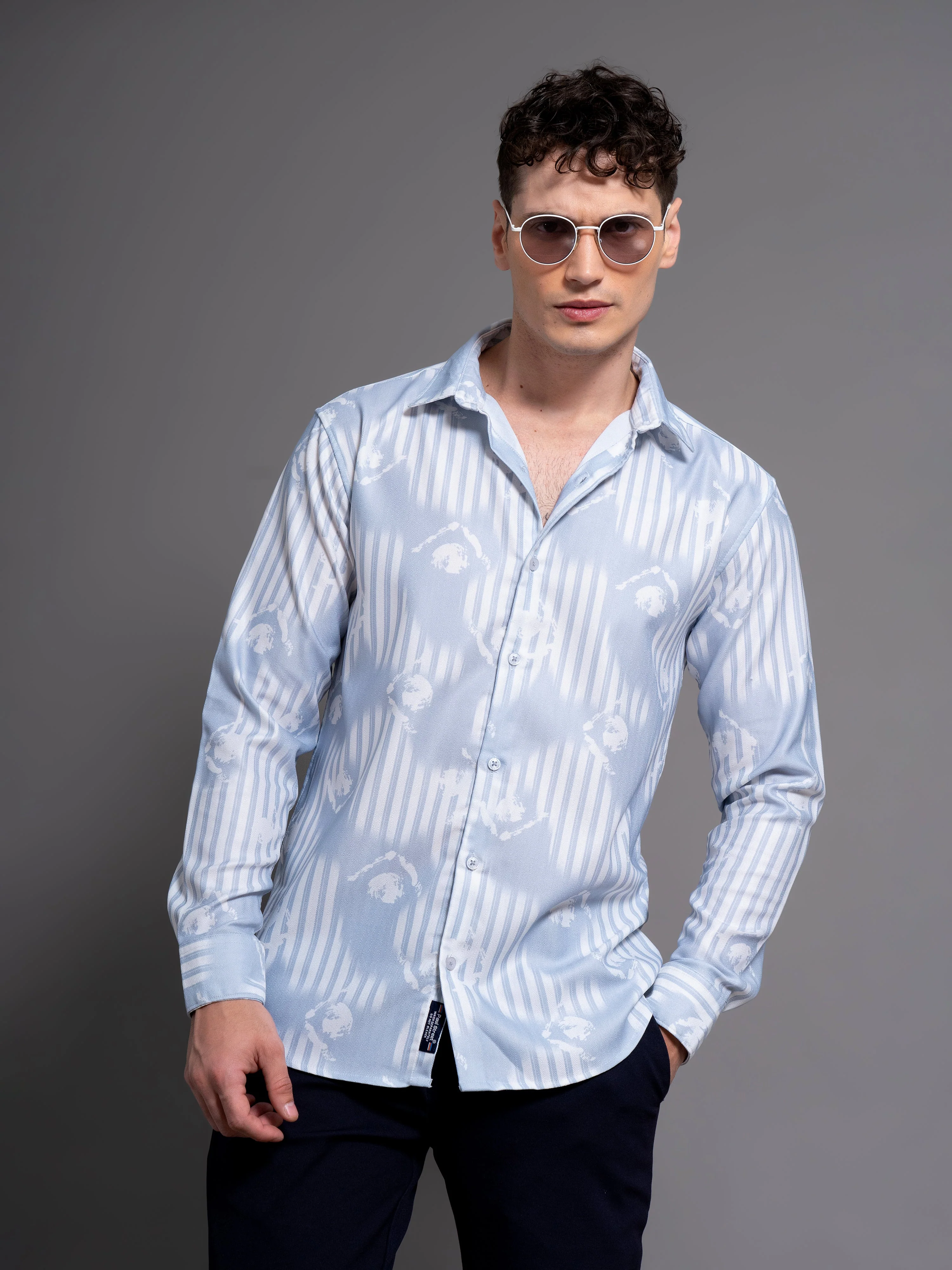 Men Cadre Blue Abstract Shirt - Image 3