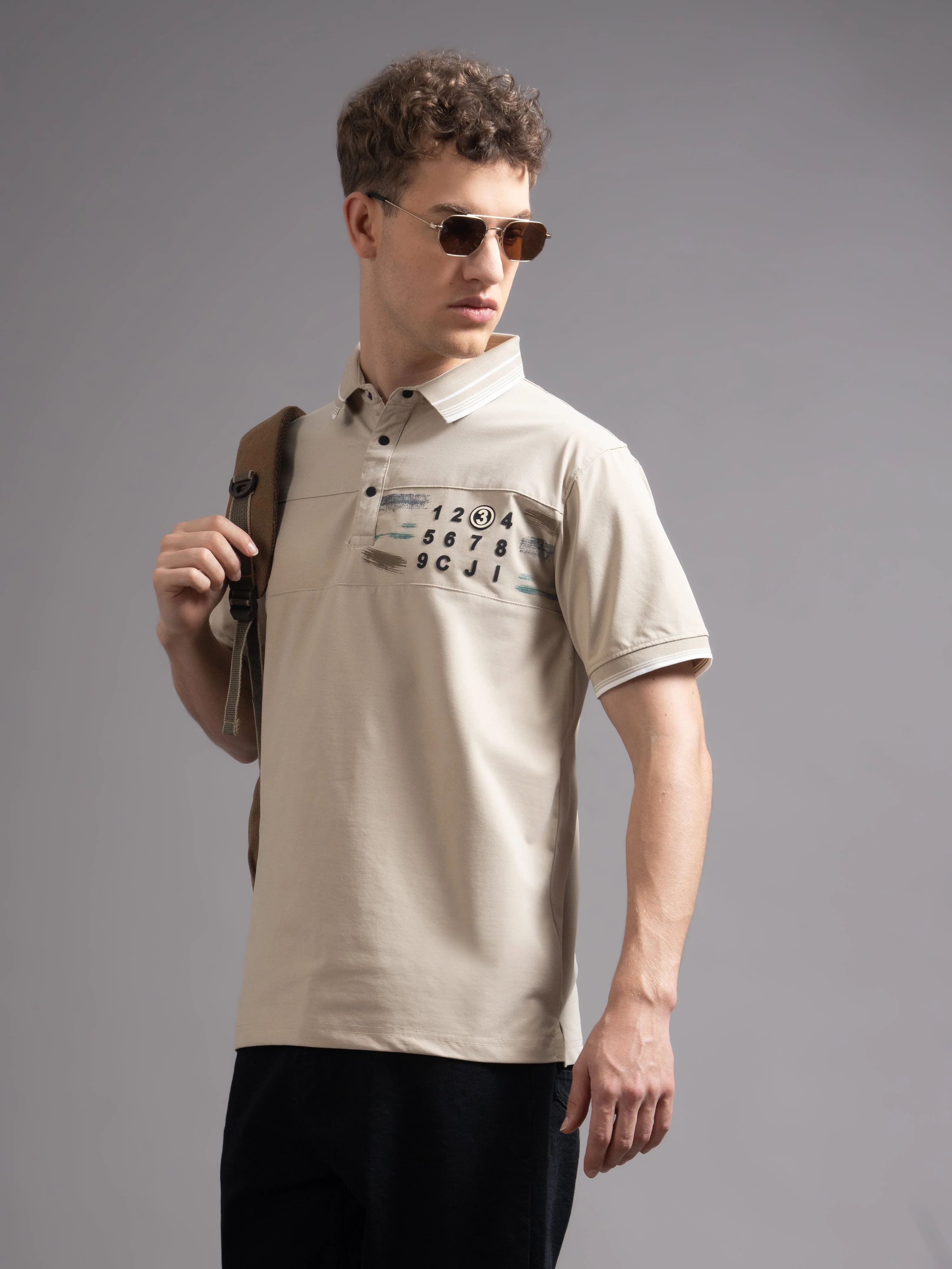 Men Calver Beige Polo T-Shirt - Image 3