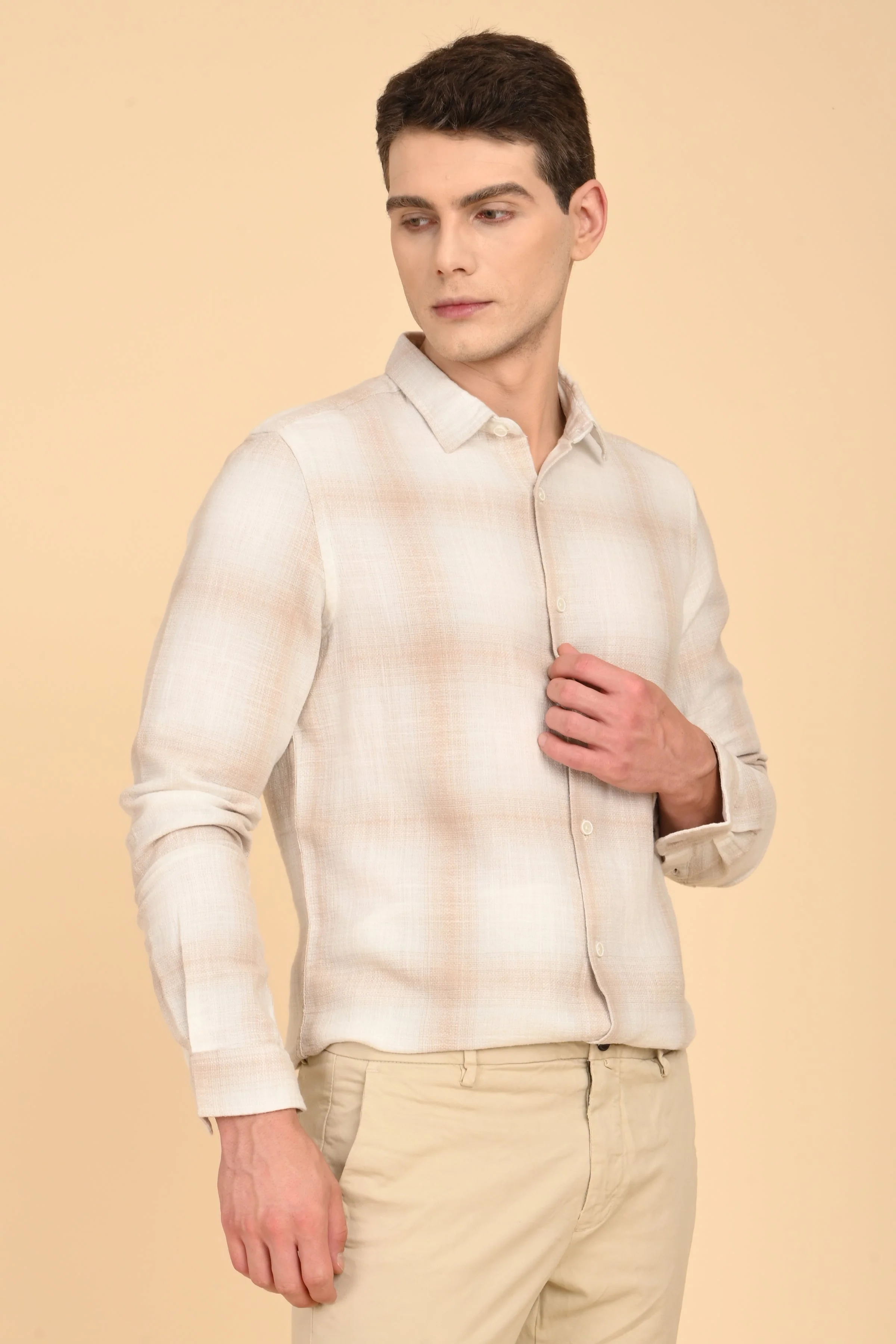 Men Calvin Dobby Slub Check Shirt Beige - Image 3