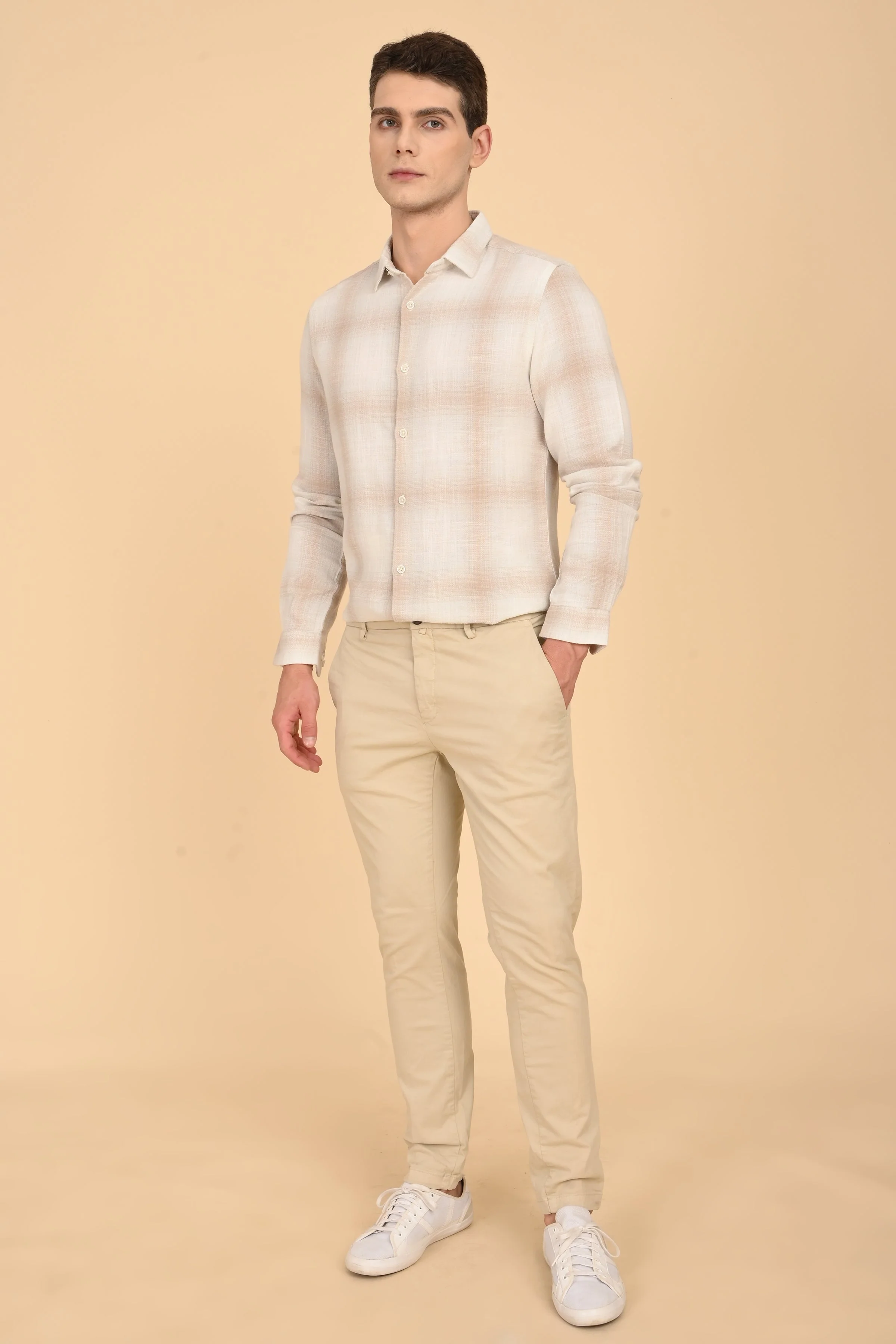 Men Calvin Dobby Slub Check Shirt Beige - Image 4