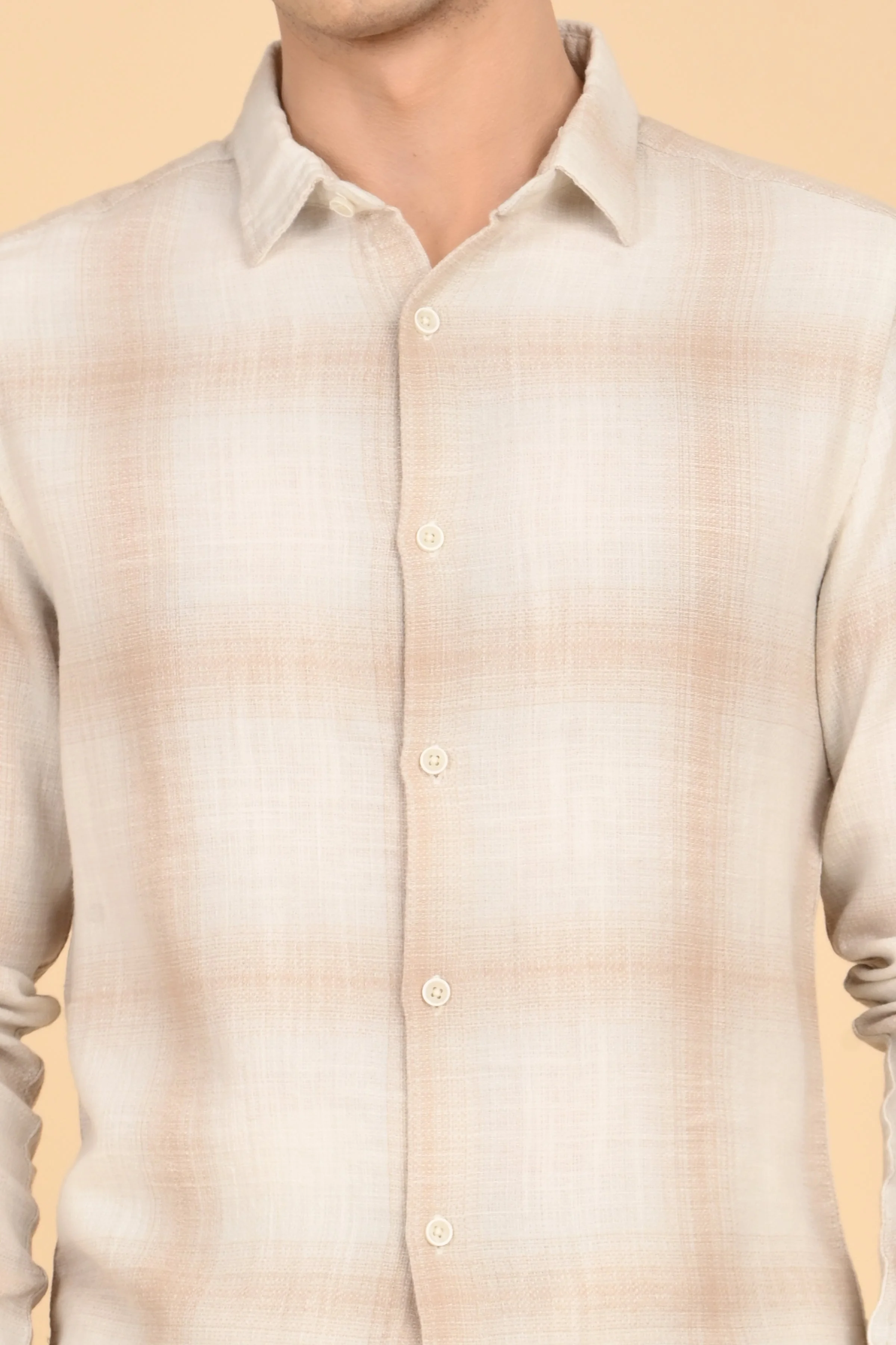 Men Calvin Dobby Slub Check Shirt Beige - Image 5