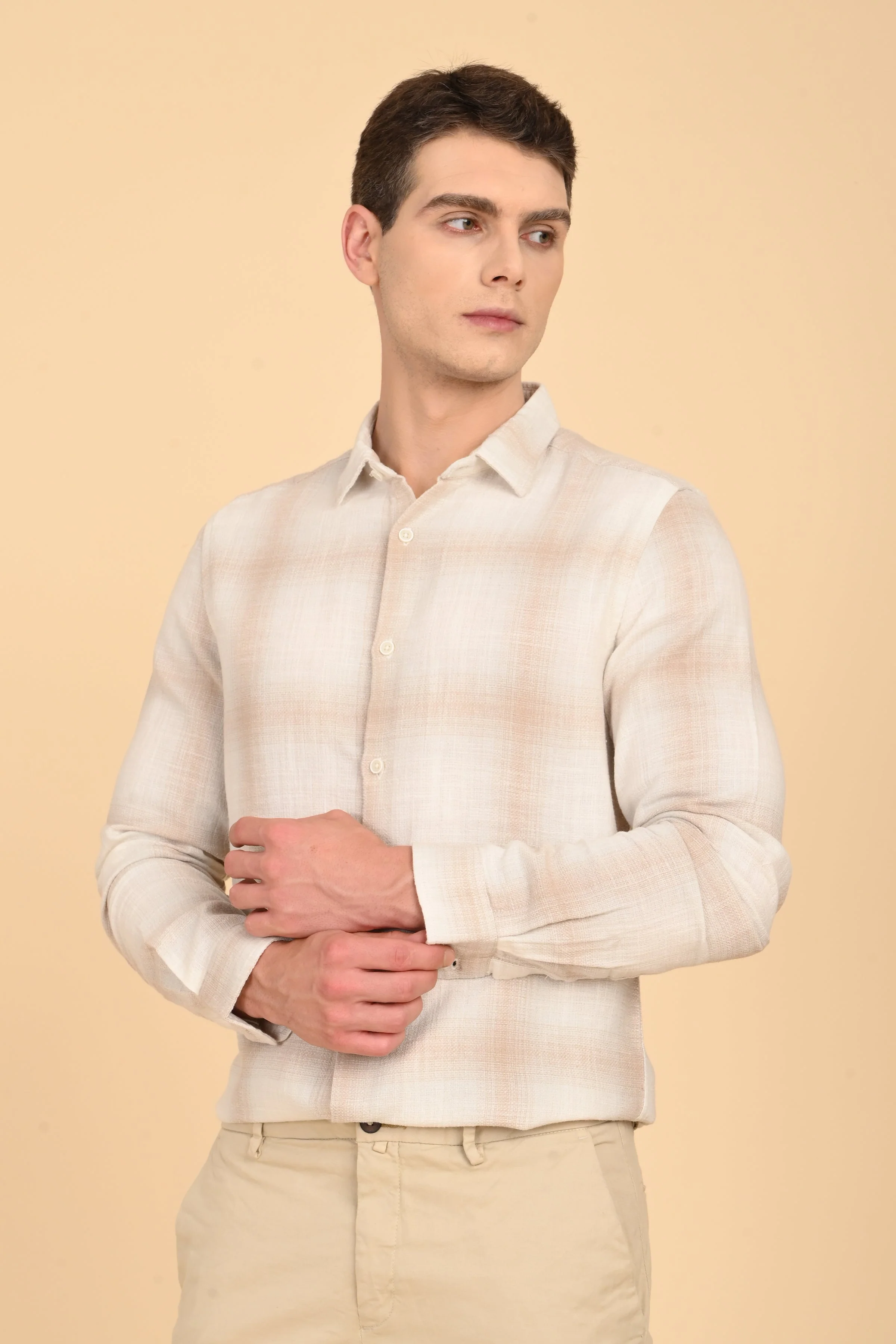 Men Calvin Dobby Slub Check Shirt Beige - Image 6