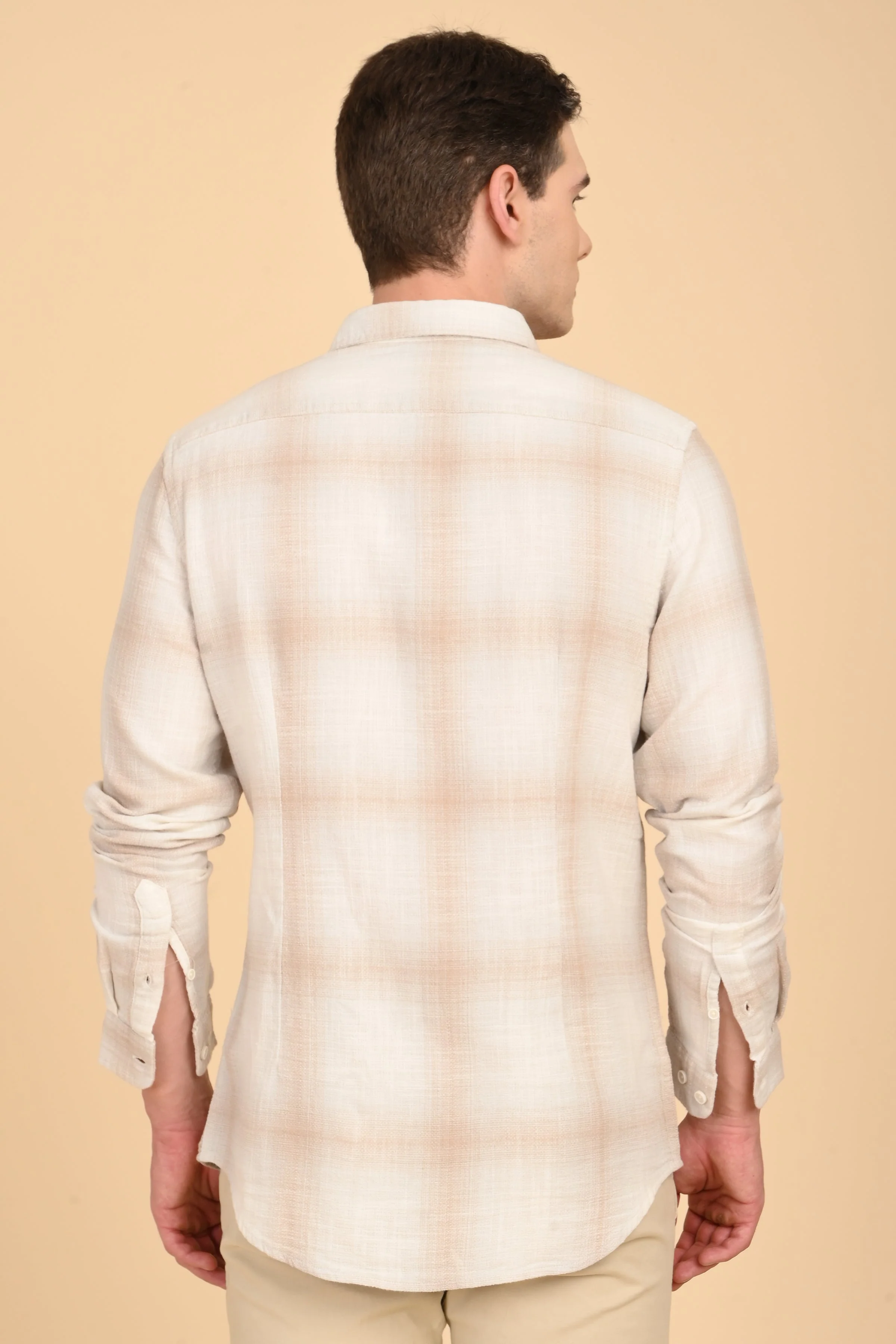Men Calvin Dobby Slub Check Shirt Beige - Image 7