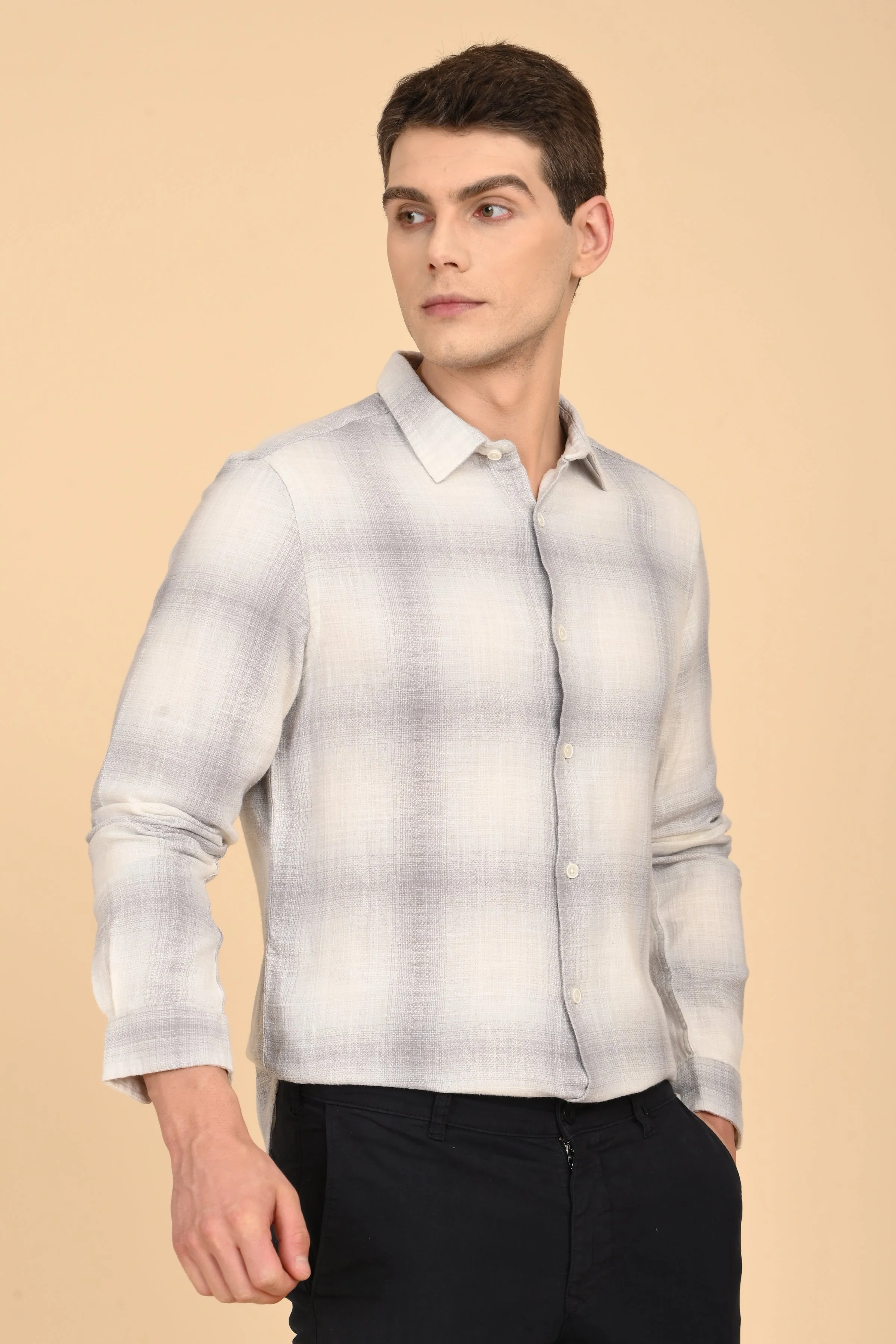 Men Calvin Dobby Slub Check Shirt Grey - Image 3